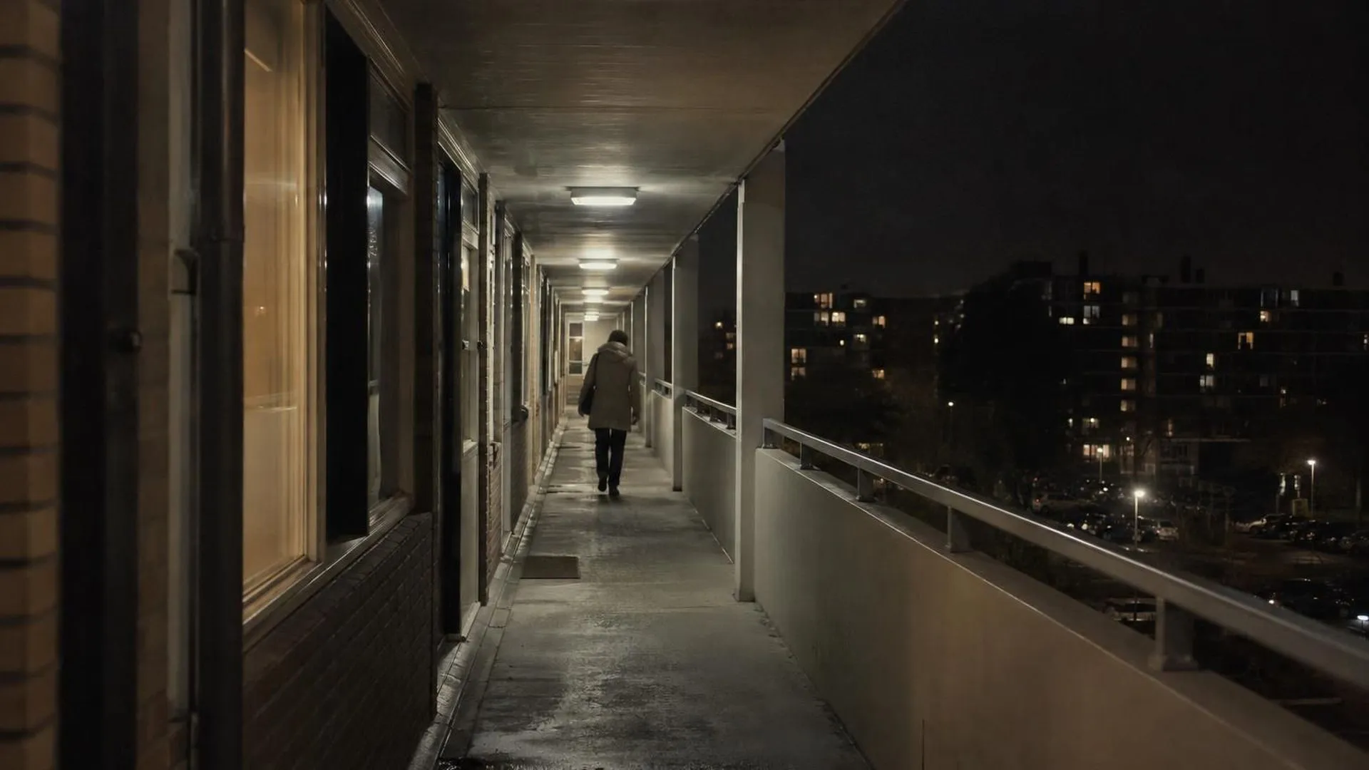 Kleine figuur loopt alleen door een lange, schemerig verlichte ziekenhuisgang in de nacht