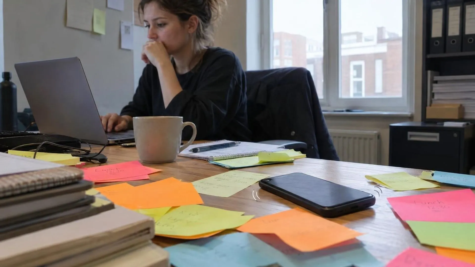 Bureau vol met elkaar overlappende plaknotities en een trillende telefoon, beeld van een hoofd dat nooit stilstaat