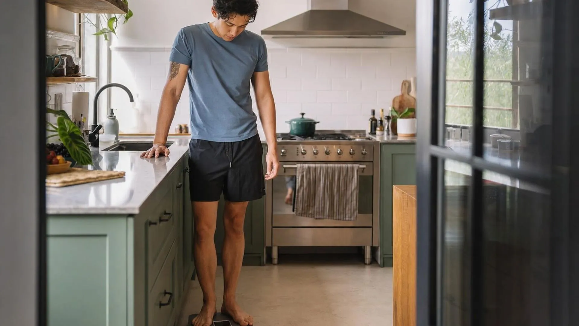 Persoon die op een weegschaal staat in een stille keuken