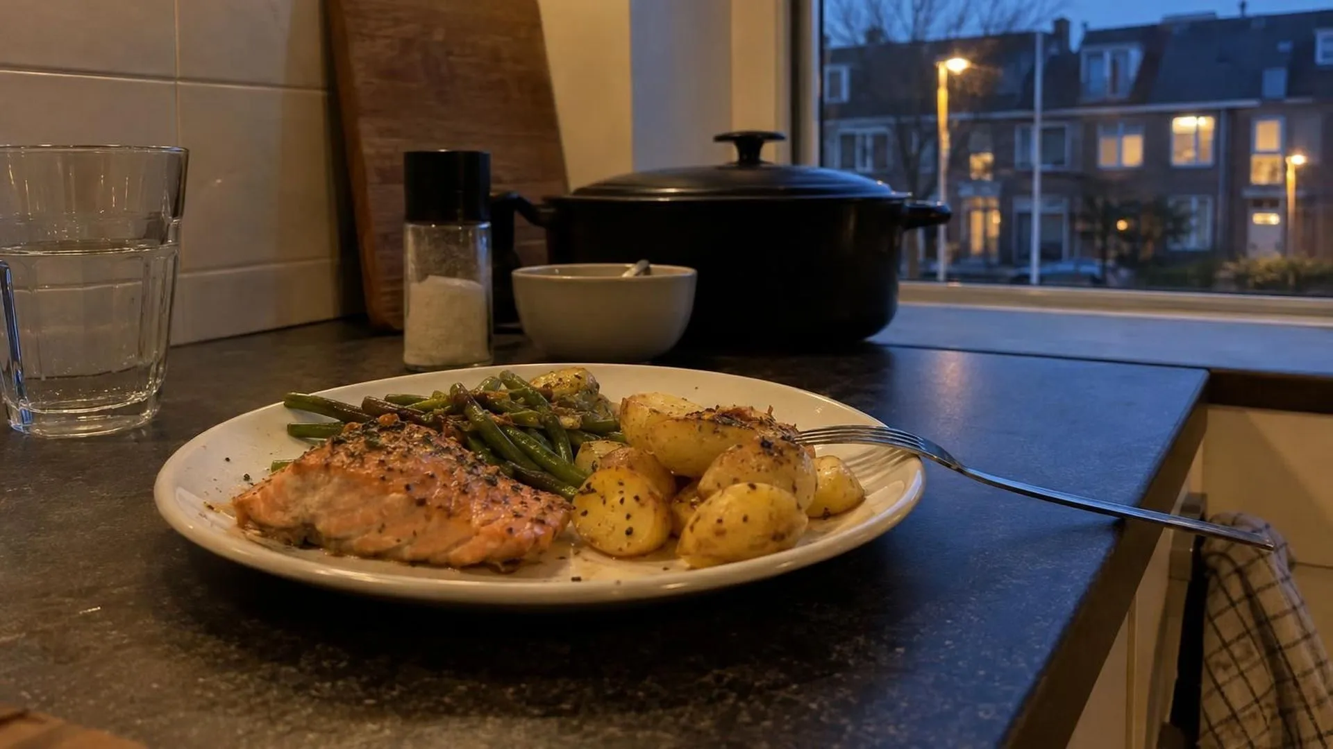 Een vol avondeten staat onaangeroerd op het aanrecht met een vork op de rand, in avondlicht.