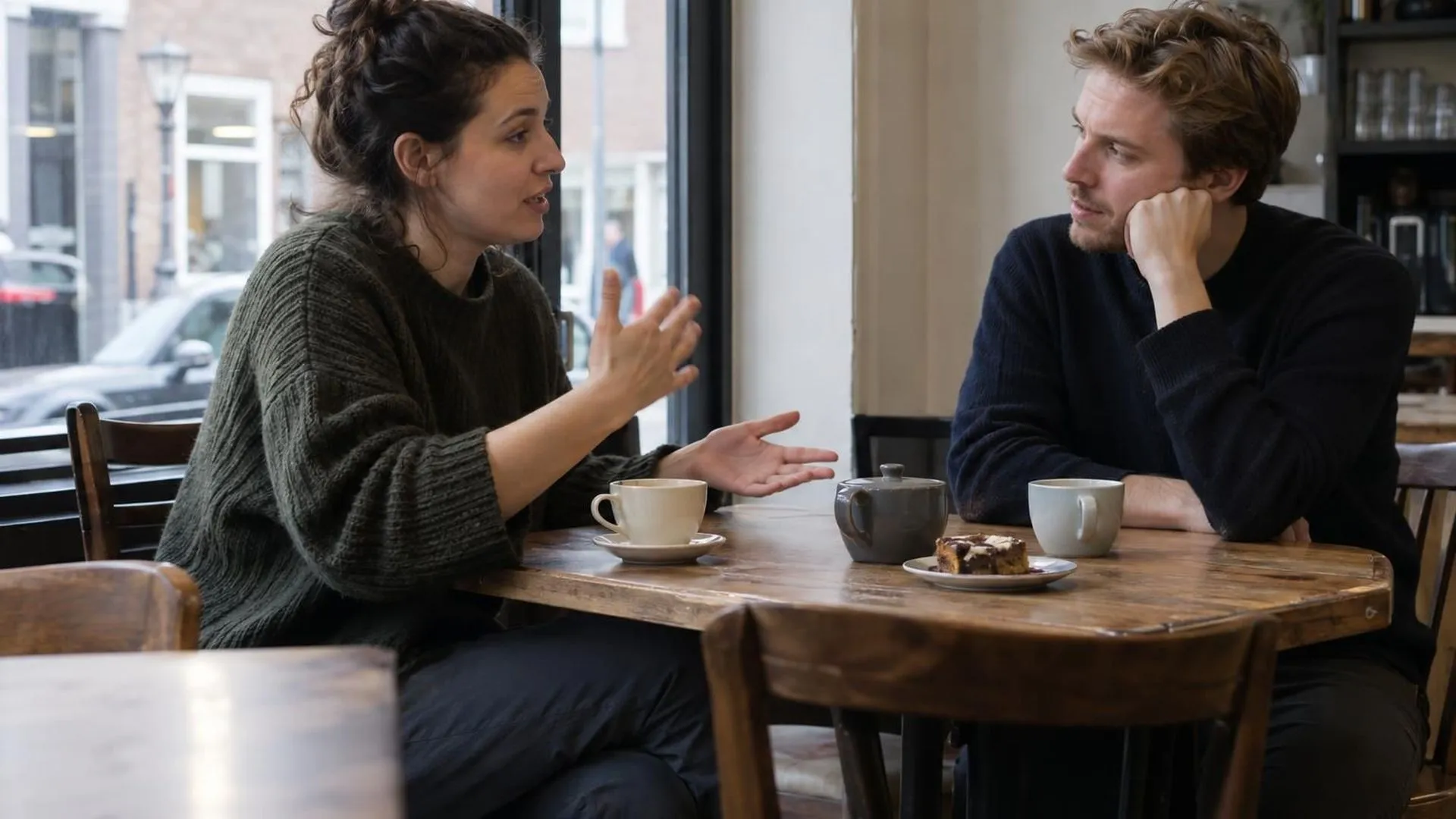 Twee mensen aan een cafétafel, de een deelt iets, de ander luistert met het hoofd licht gebogen