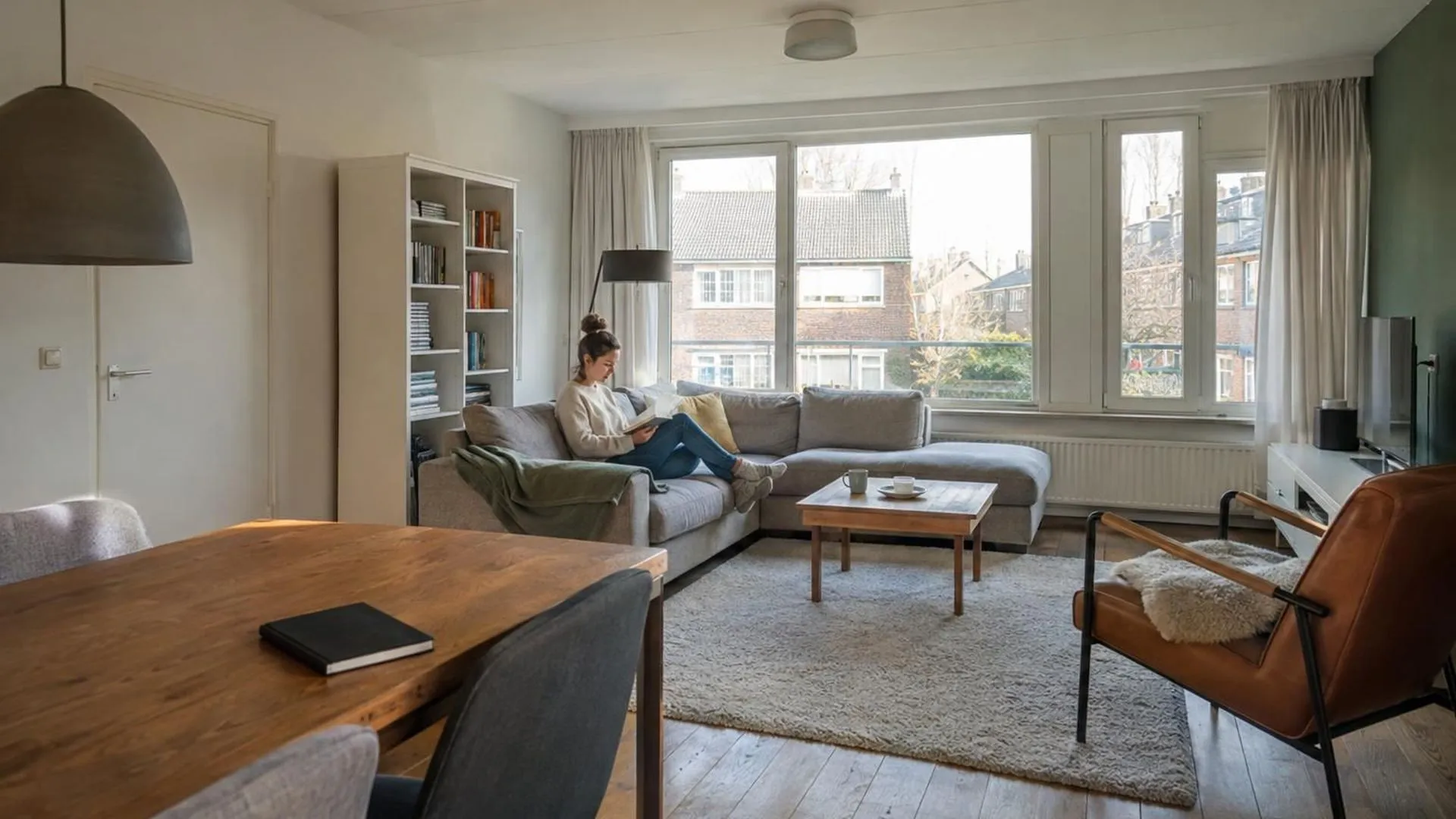 Iemand klein in beeld in een ruime huiskamer op een vrije zaterdagochtend, met een dichte agenda op tafel
