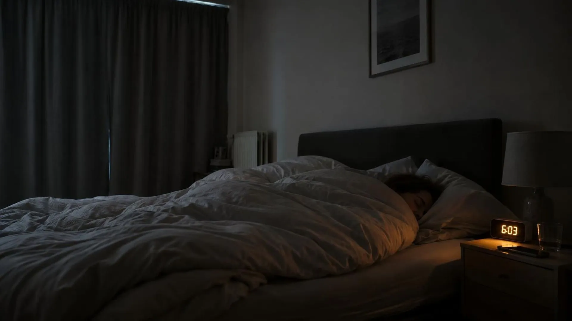 Slaapkamer bij het eerste ochtendlicht met een oplichtende wekker, terwijl de gordijnen dicht blijven