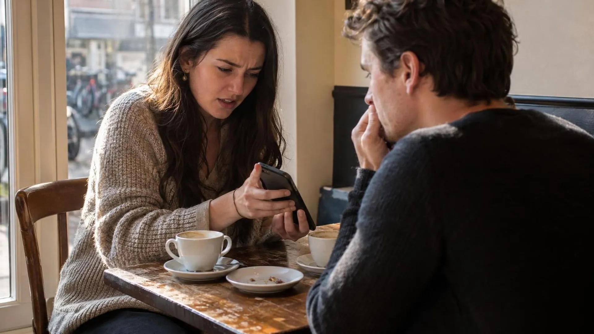 Twee mensen zitten aan een cafétafel, de een draait een telefoonscherm naar de ander toe met een gespannen blik.