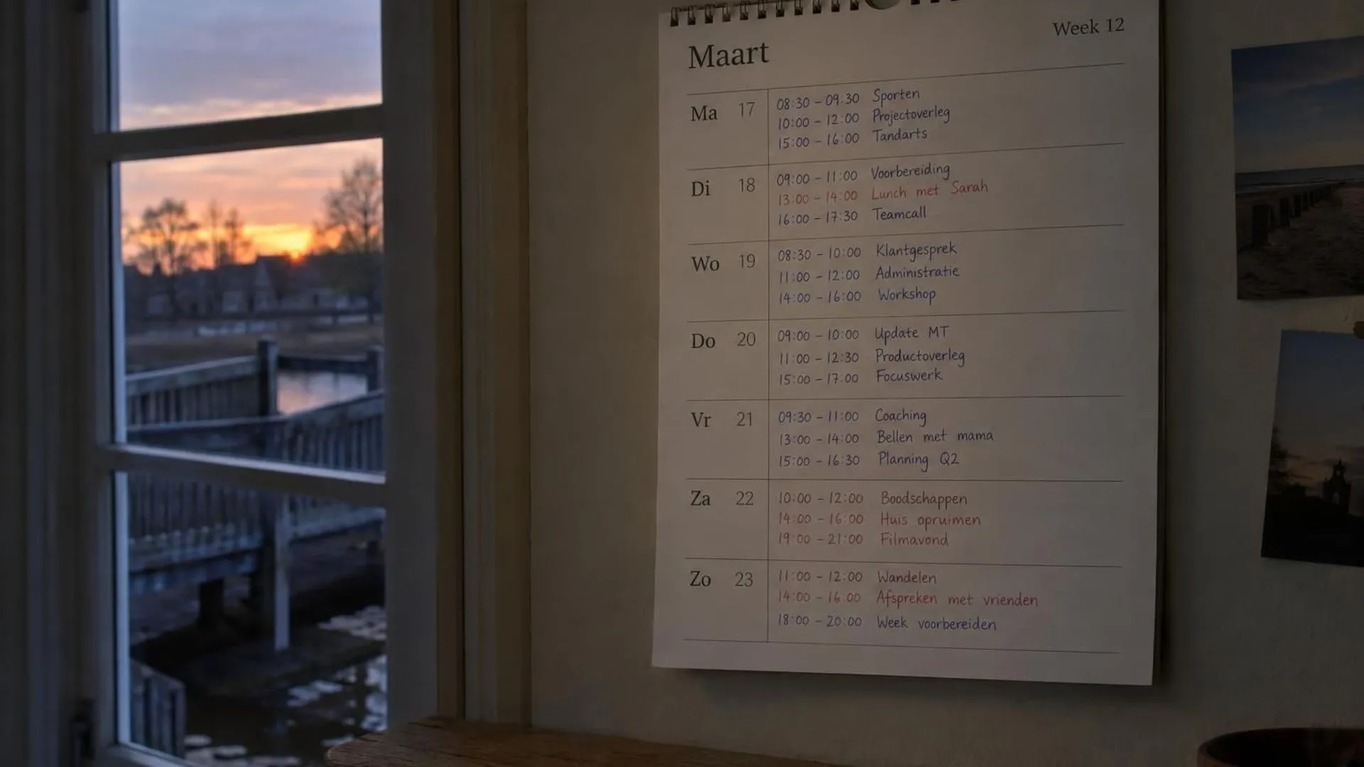 Een volgeschreven weekkalender hangt in een schemerige gang op zondagavond, het gevoel dat de week al op je drukt voor hij begint.