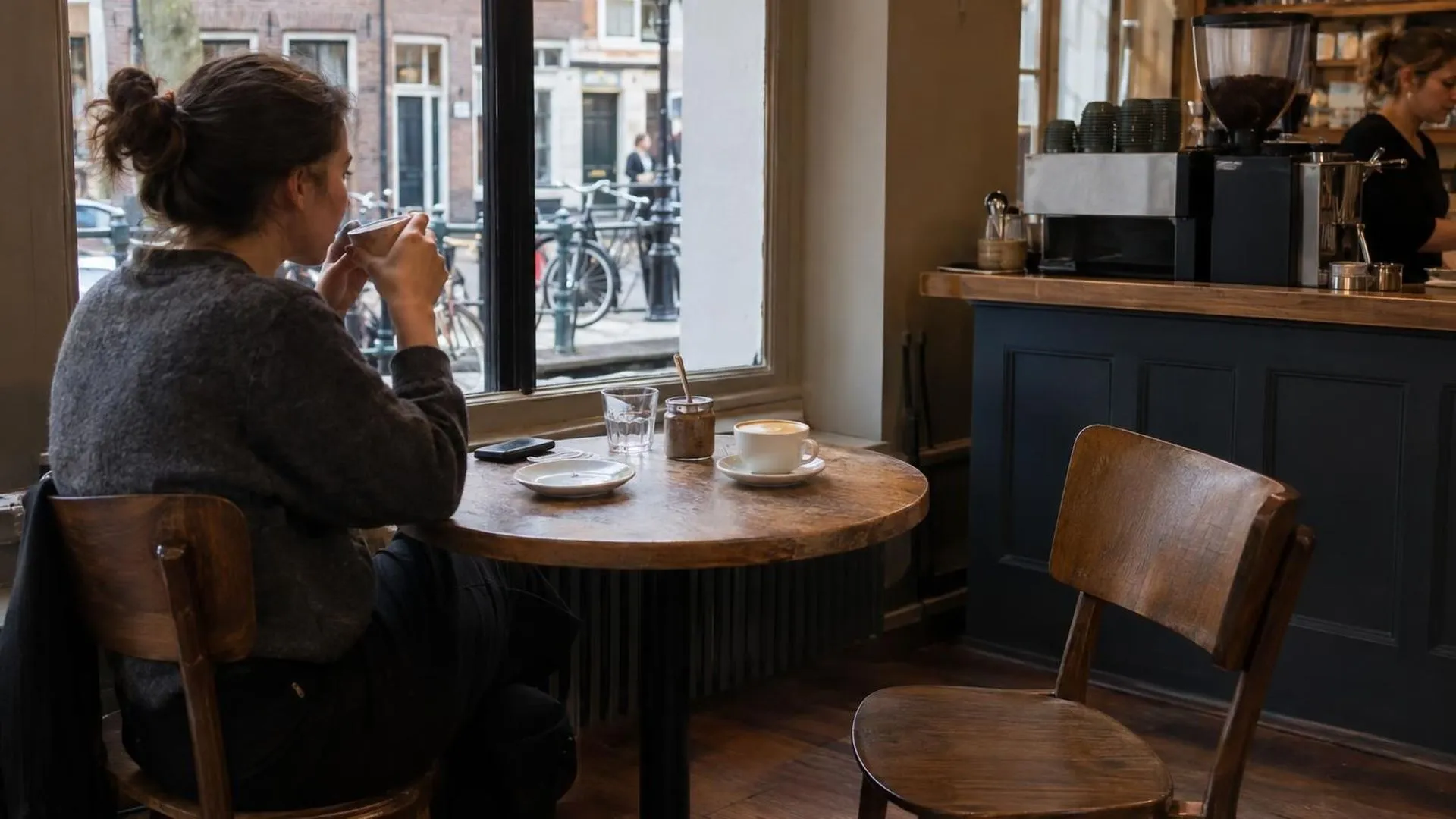 Twee koffiekopjes op een tafel, één nog vol, de stoel ervoor naar achteren geschoven