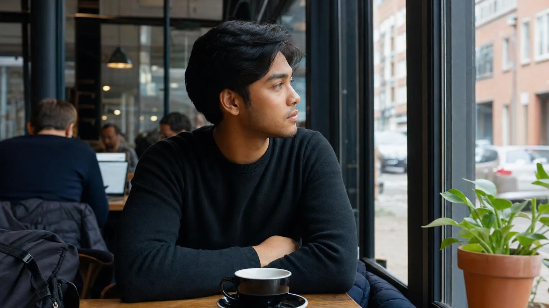 Persoon die in gedachten verzonken zit met een kopje koffie, gevoelens opkroppen