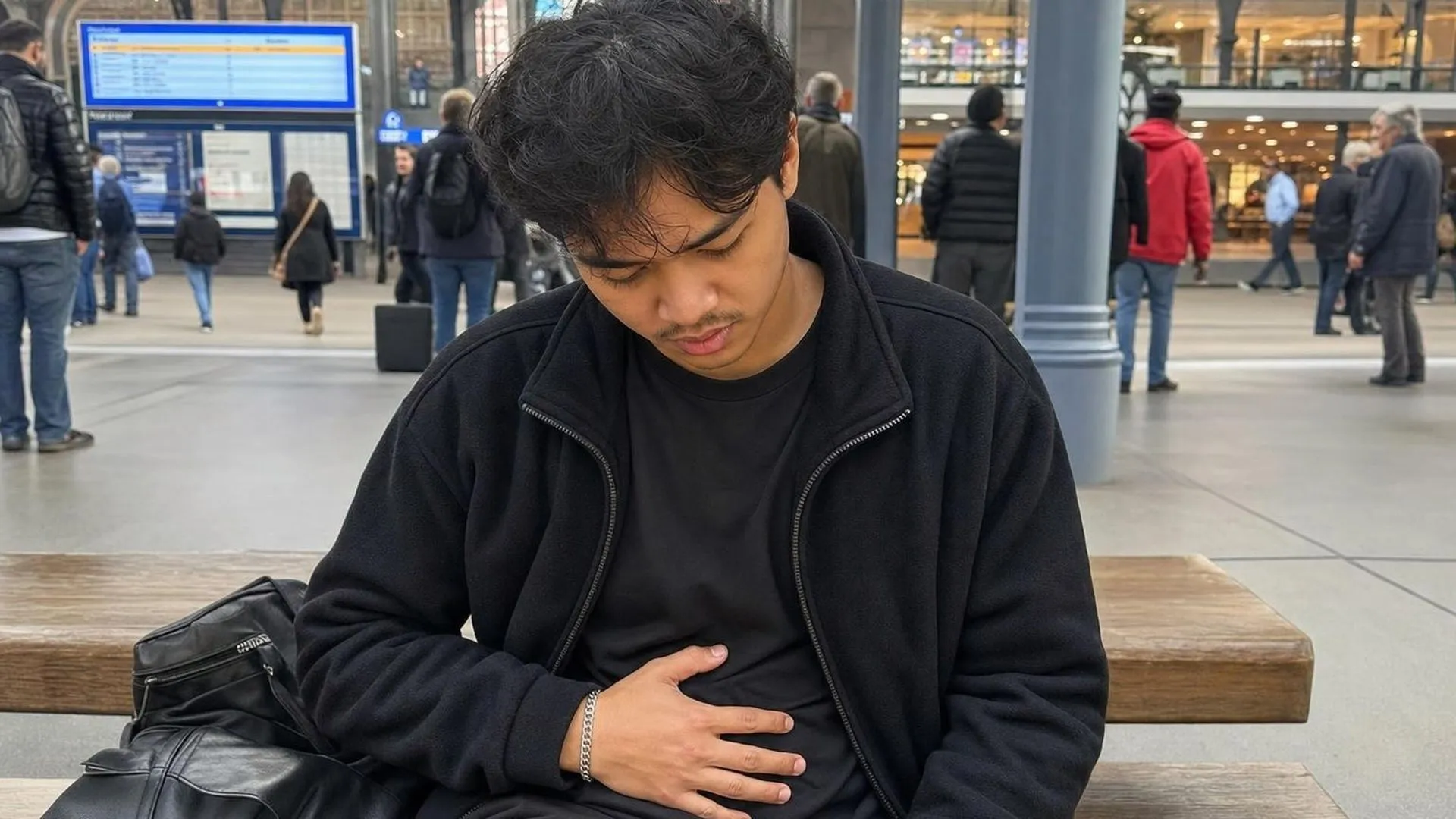 Persoon met buikpijn door stress op een druk treinstation