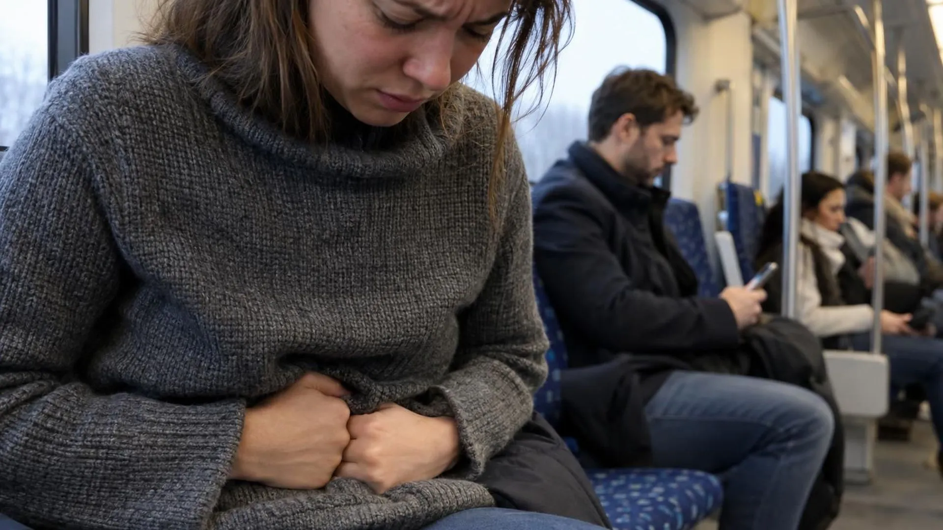 Close-up van twee handen die tegen de buik gedrukt worden in een volle forenzentrein