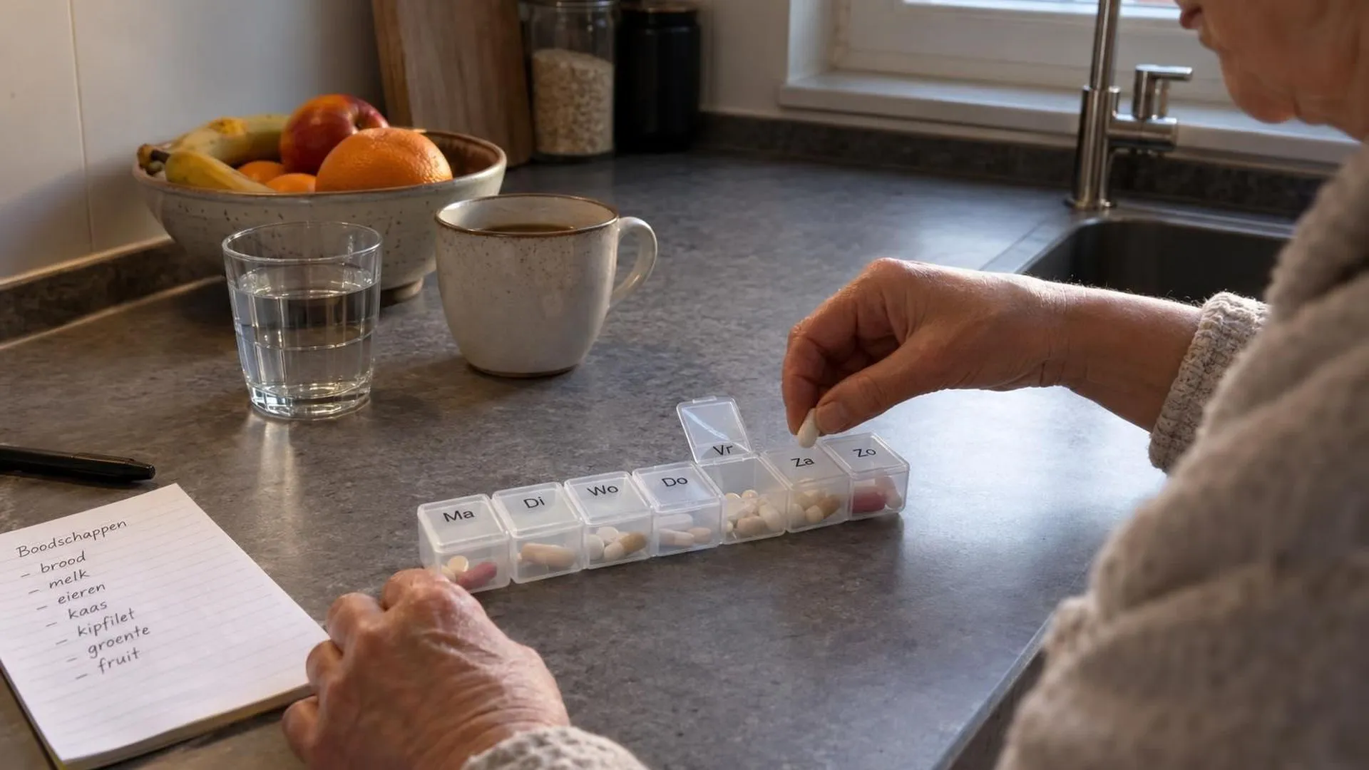 Medicijndoos voor de hele week op het aanrecht, halverwege gevuld, vroeg op een zaterdagochtend