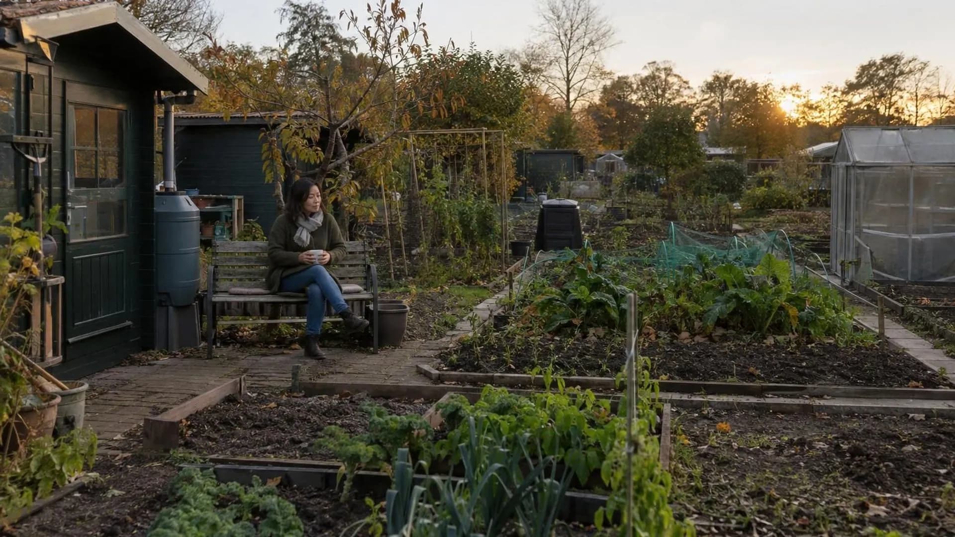Op een rustig volkstuincomplex zit iemand klein in beeld op een houten bankje tussen de planten, met lange herfstschaduwen.