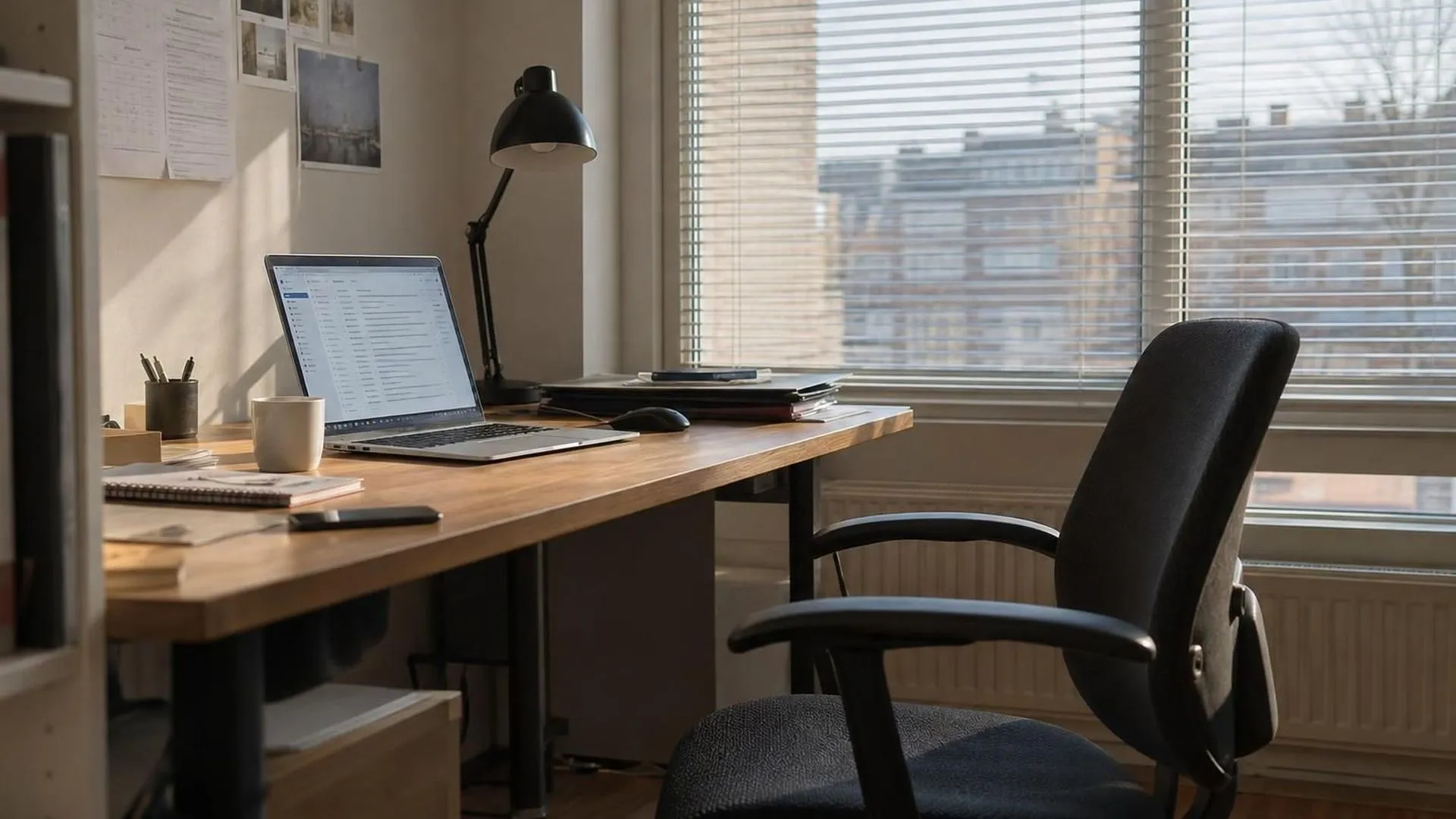 Bureaustoel half naar achteren geschoven, laptop nog open met een ongelezen inbox