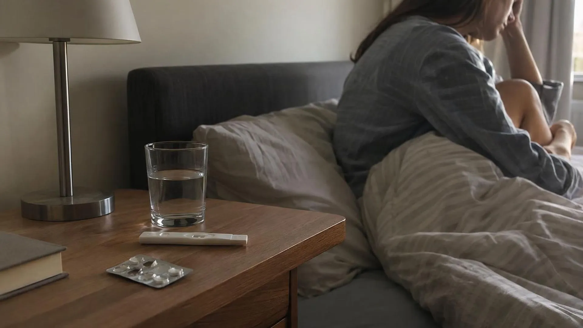 Een nachtkastje in het ochtendlicht met een zwangerschapstest, een strip medicijnen en een half leeggedronken glas water