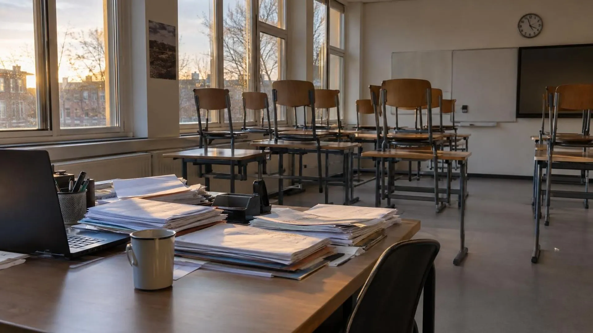 Een leeg klaslokaal na schooltijd met gestapelde stoelen en een bureau vol nagekeken werk