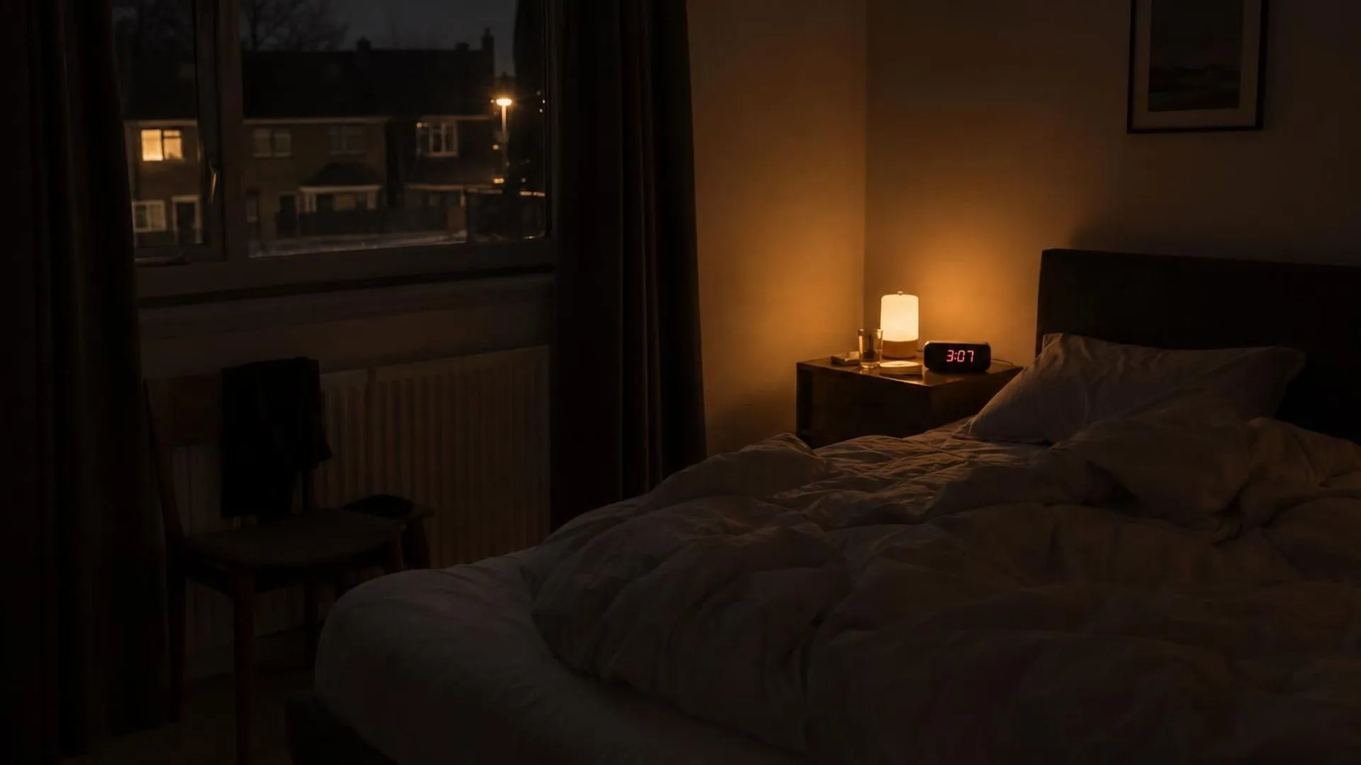 Een nachtlampje brandt in een donkere slaapkamer, het dekbed teruggeslagen, kwart over drie 's nachts