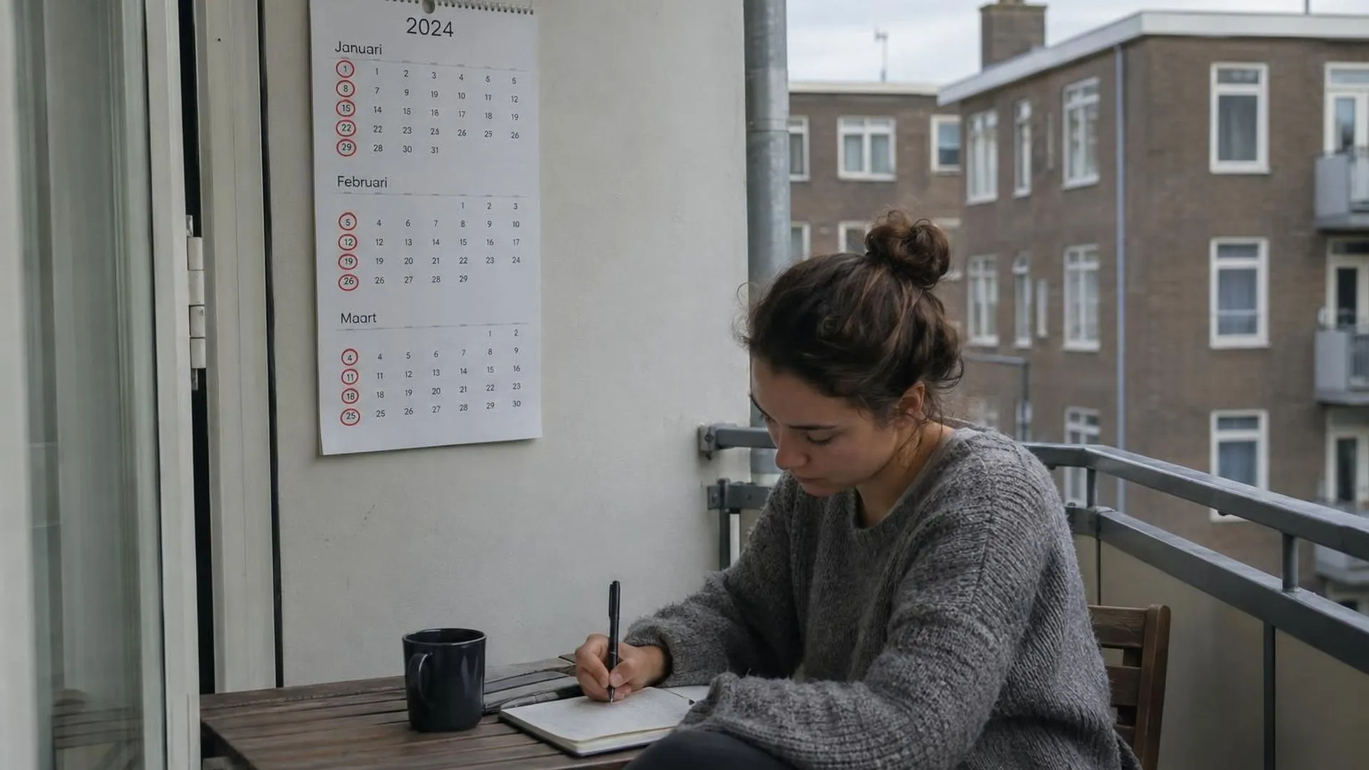 Een wandkalender waarop elke maandag maandenlang rood is omcirkeld.