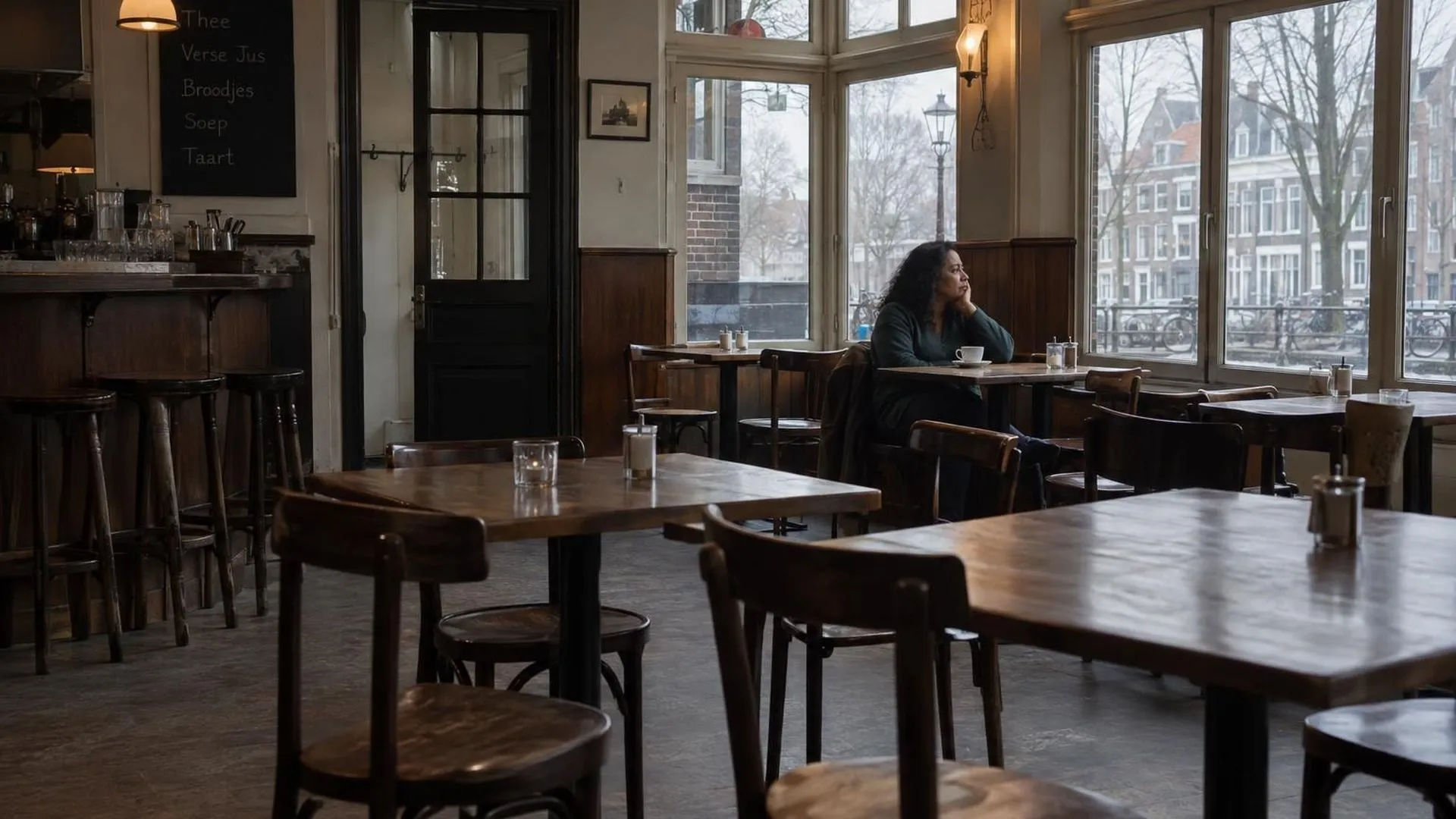 Iemand zit klein in beeld aan een tafeltje in een bijna leeg café, met een onaangeroerde kop koffie, in grijs middaglicht.
