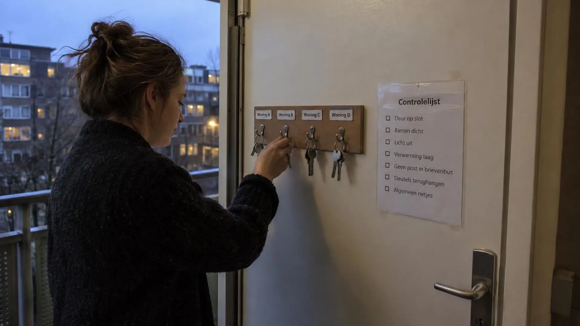 Een rij keurig uitgelijnde huissleutels aan haakjes naast een checklist op de deur.