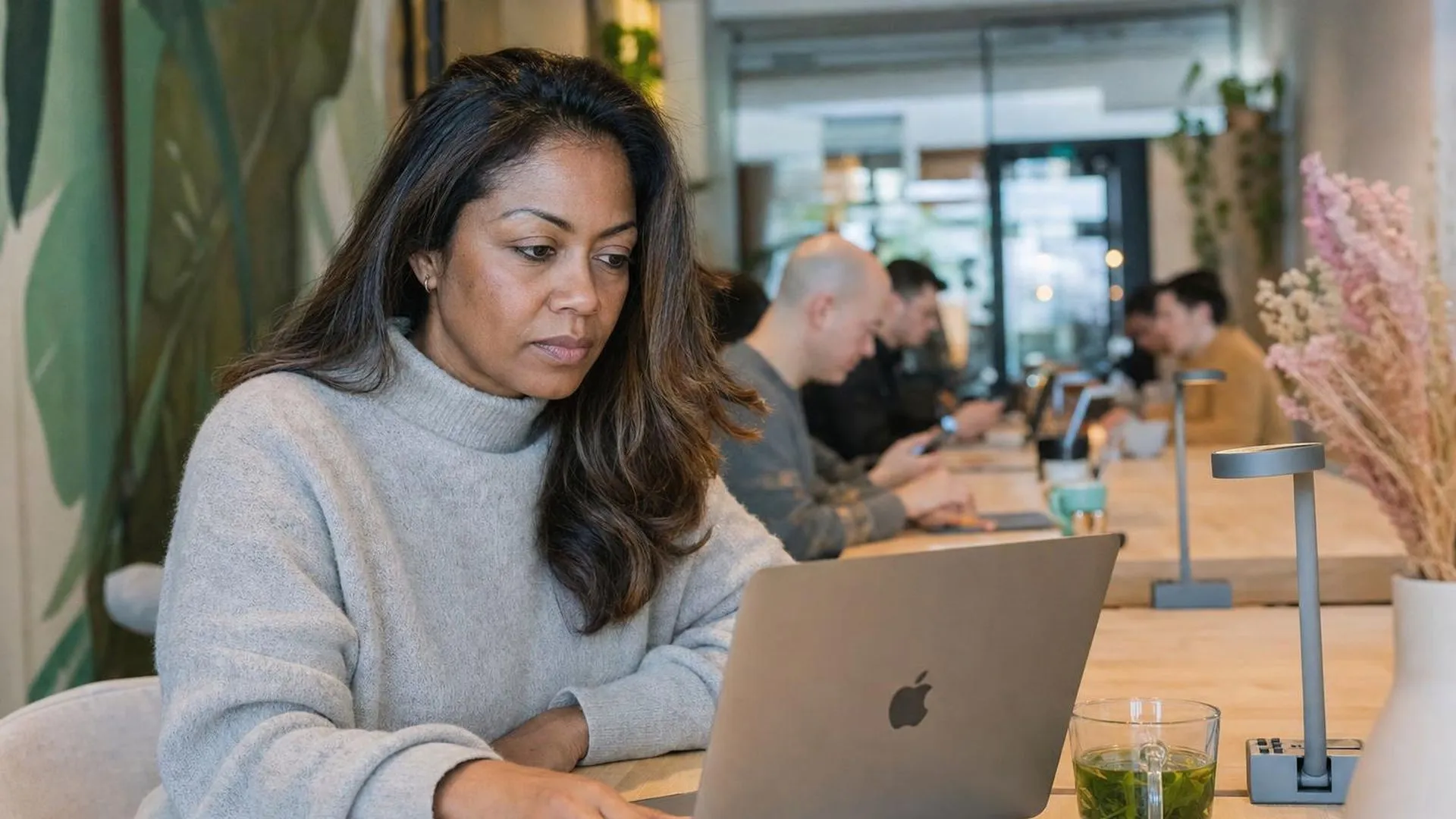 Persoon zit uitgeput aan een werktafel in een café met een open laptop voor zich
