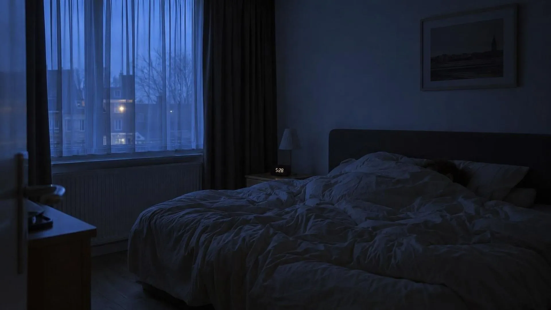 Een slaapkamer vlak voor zonsopgang in blauw schemerlicht, met een oplichtende wekker naast een stille vorm onder de dekens.