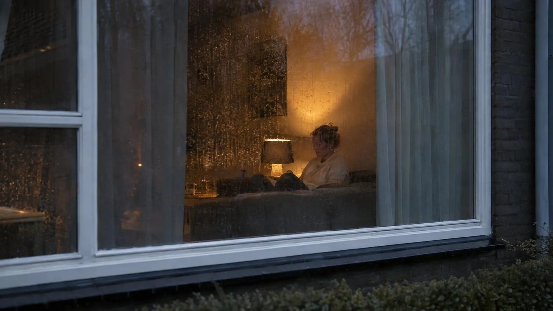 Door het raam gezien: iemand zit als silhouet bij één brandende lamp in een schemerige huiskamer, terwijl het buiten regent.