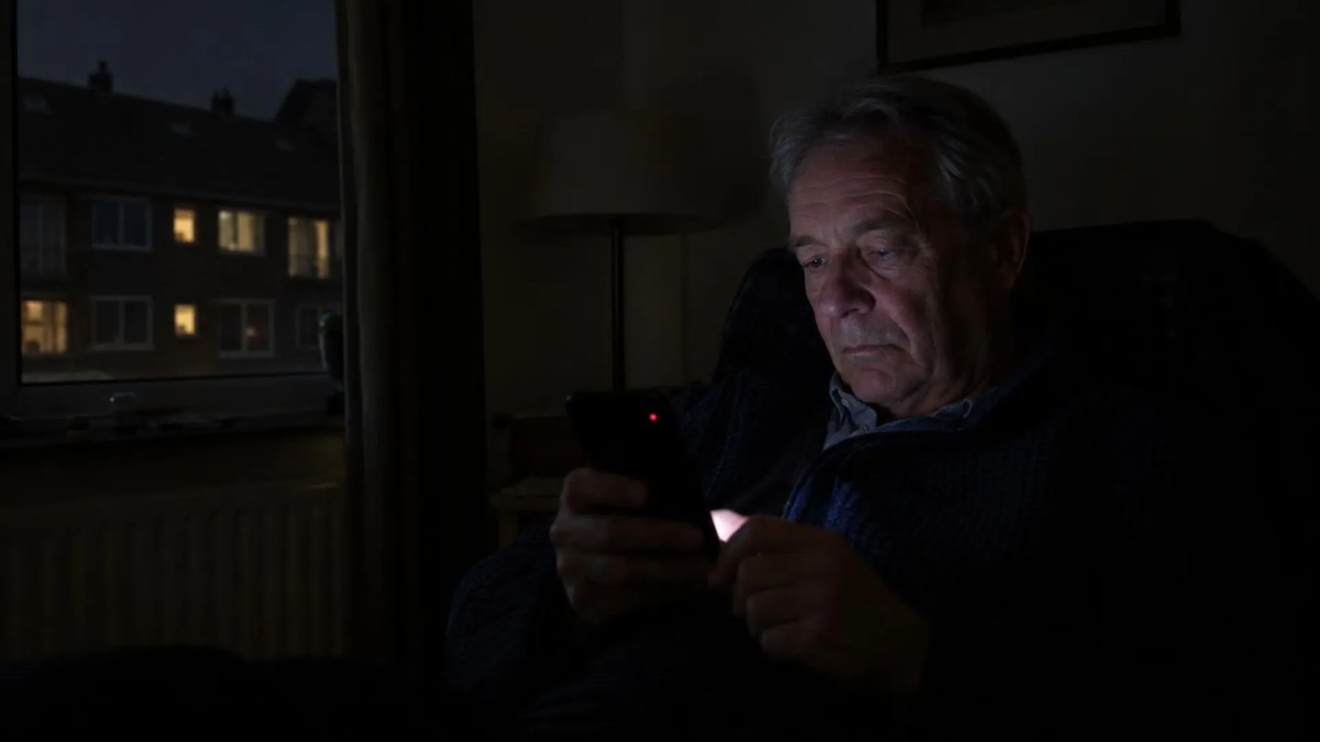 Een gezicht dat alleen wordt verlicht door een telefoonscherm, laat in de nacht
