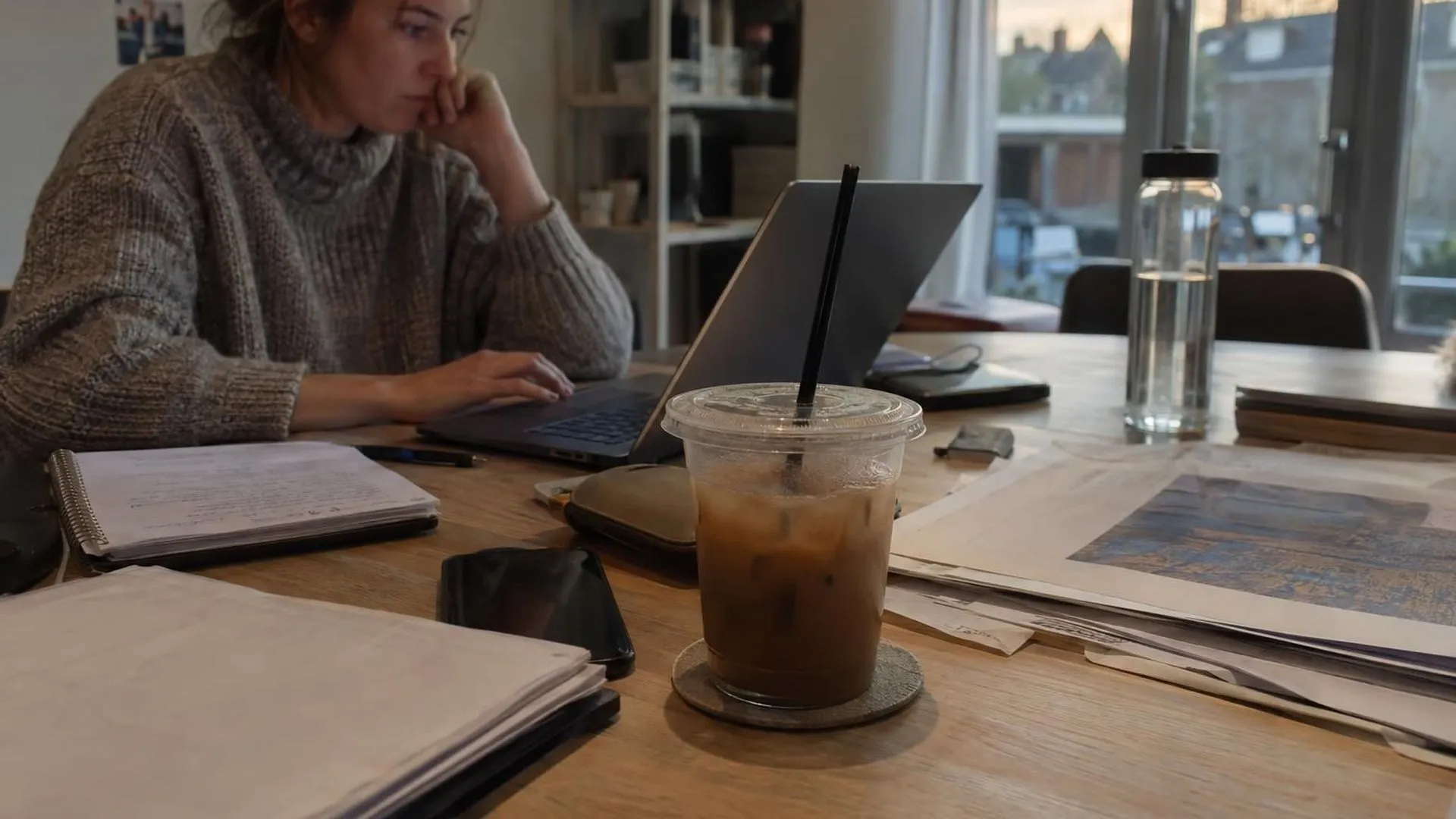 Close-up van een bureau vol verspreide papieren en een koud geworden kop koffie