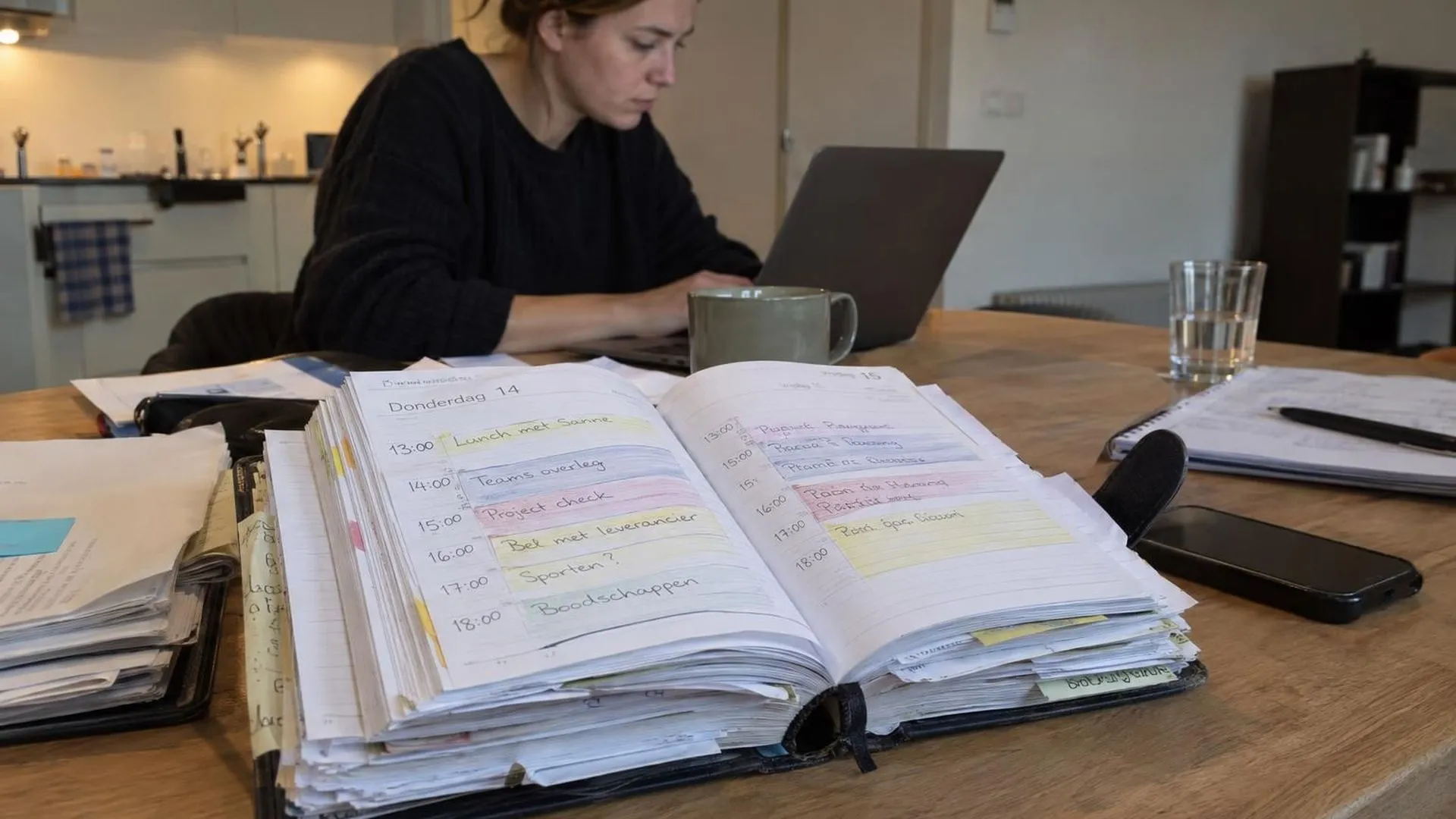 Een overvolle papieren agenda op een bureau, met afspraken die over elkaar heen zijn volgepland op dezelfde middag