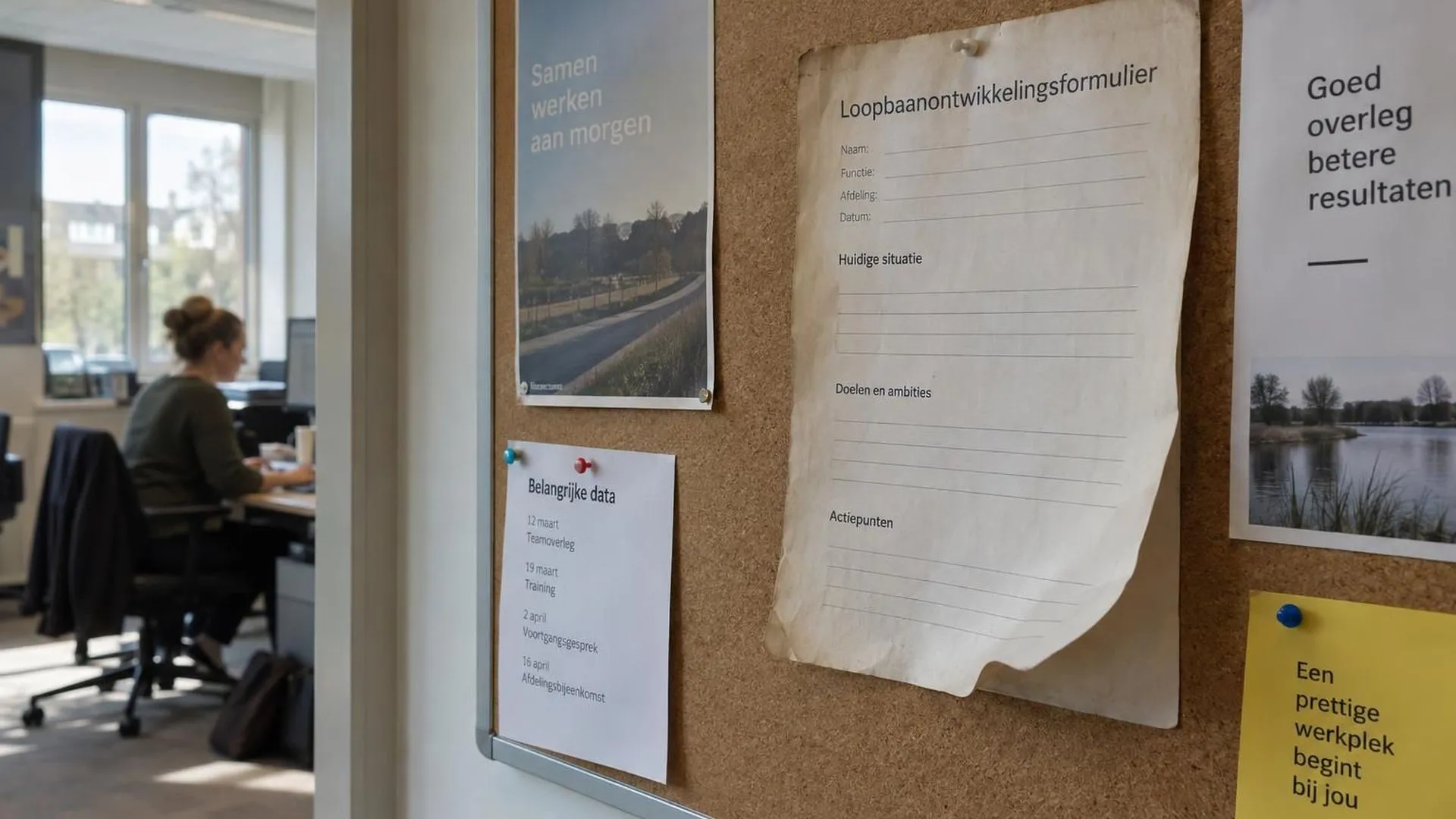 Een prikbord op kantoor met een verkleurd, omkrullend loopbaanformulier tussen nieuwere memo's