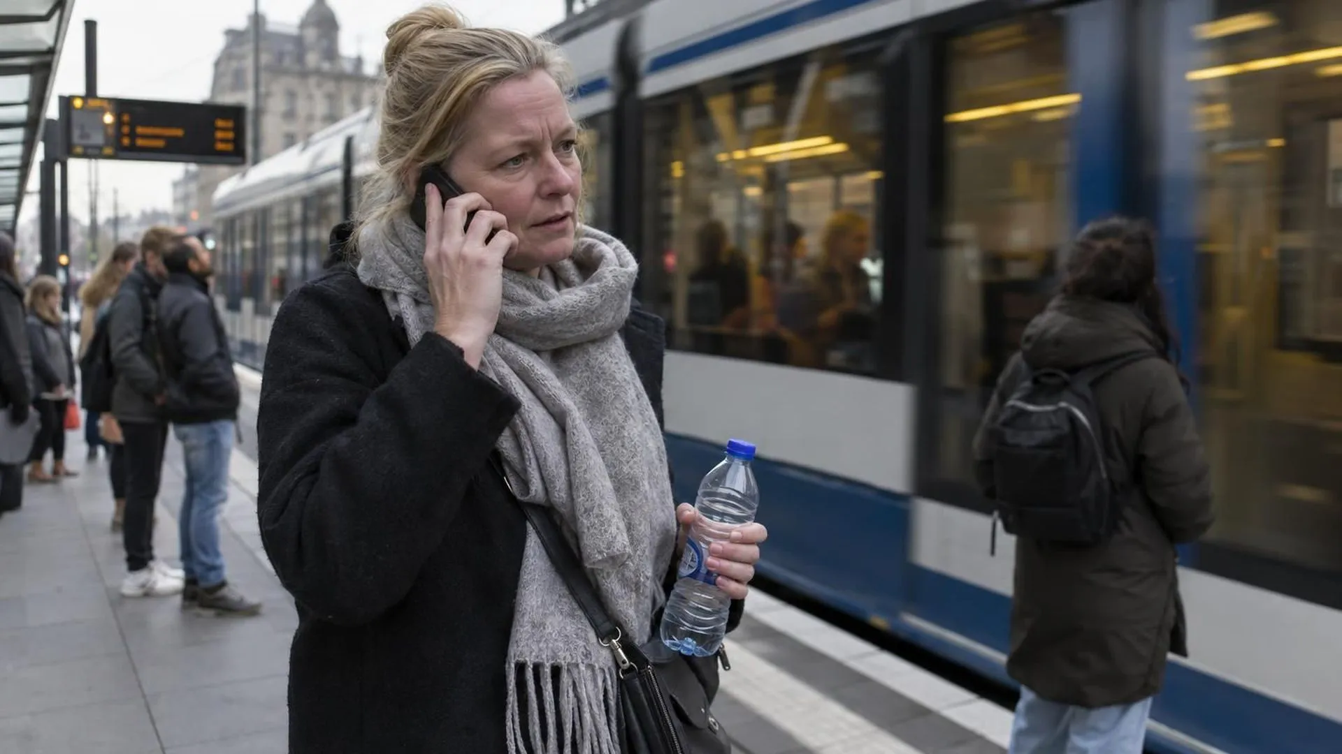 Iemand bij een drukke tramhalte met een ongeopende waterfles in de hand tijdens een telefoongesprek.