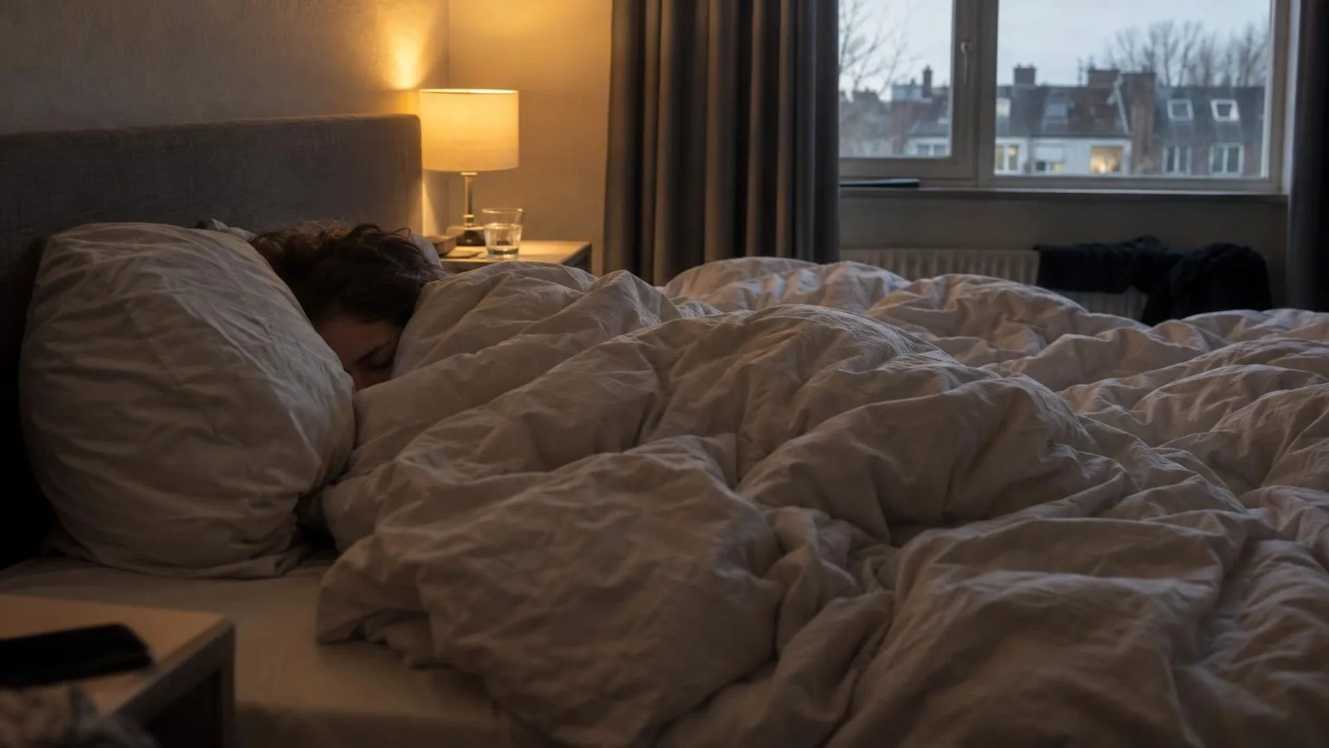 Close-up van een verkreukeld dekbed op een onopgemaakt bed met een brandend bedlampje in het grauwe ochtendlicht.