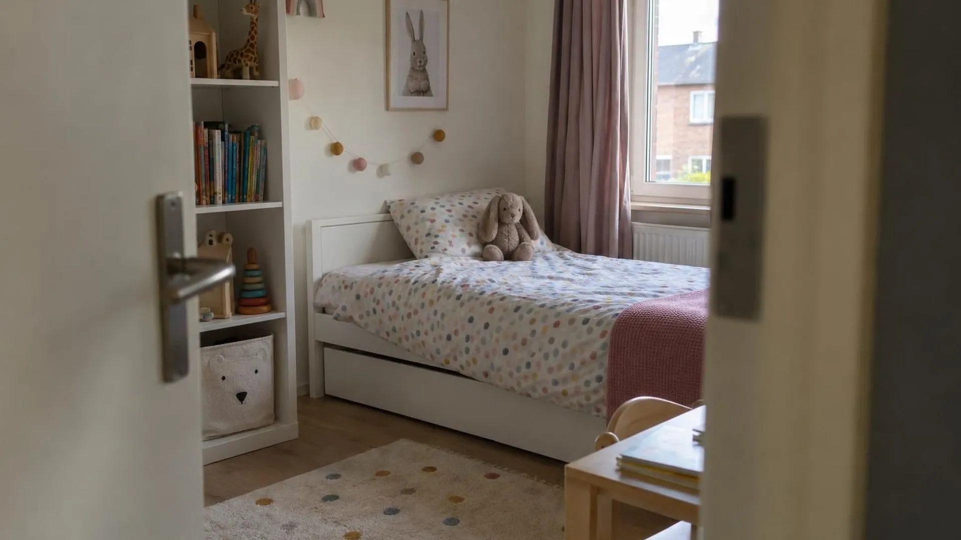 Door een op een kier staande deur: de opgeruimde, lege kinderkamer in zacht middaglicht.