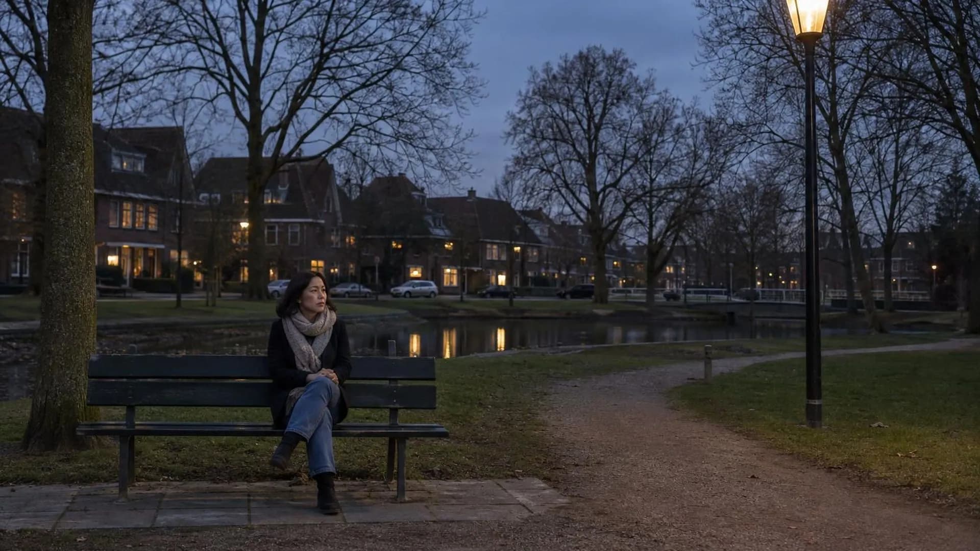 Iemand zit klein op een bankje in een verlaten park bij het aangaan van de straatlantaarns.