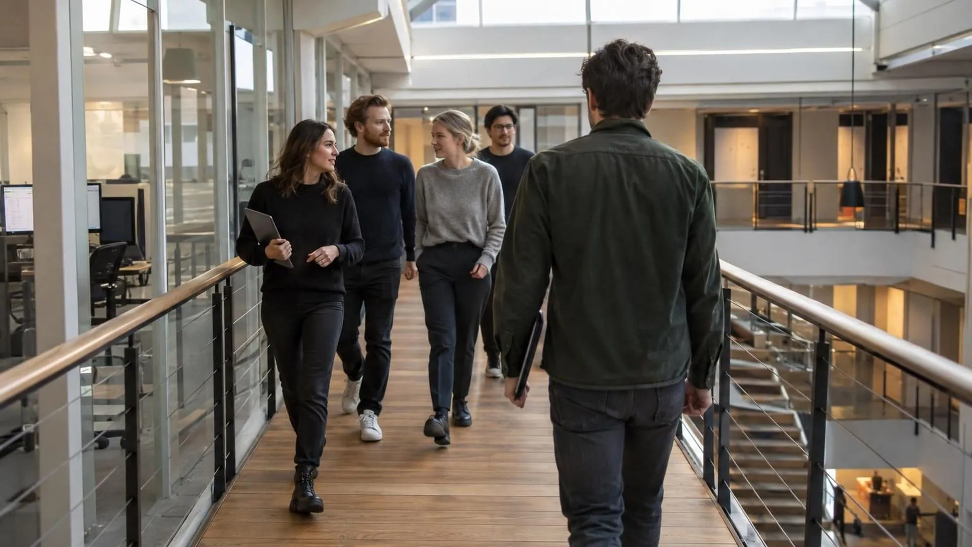 In een kantoorgang lopen collega's een kant op, terwijl iemand, van achteren gezien, de andere kant op loopt.