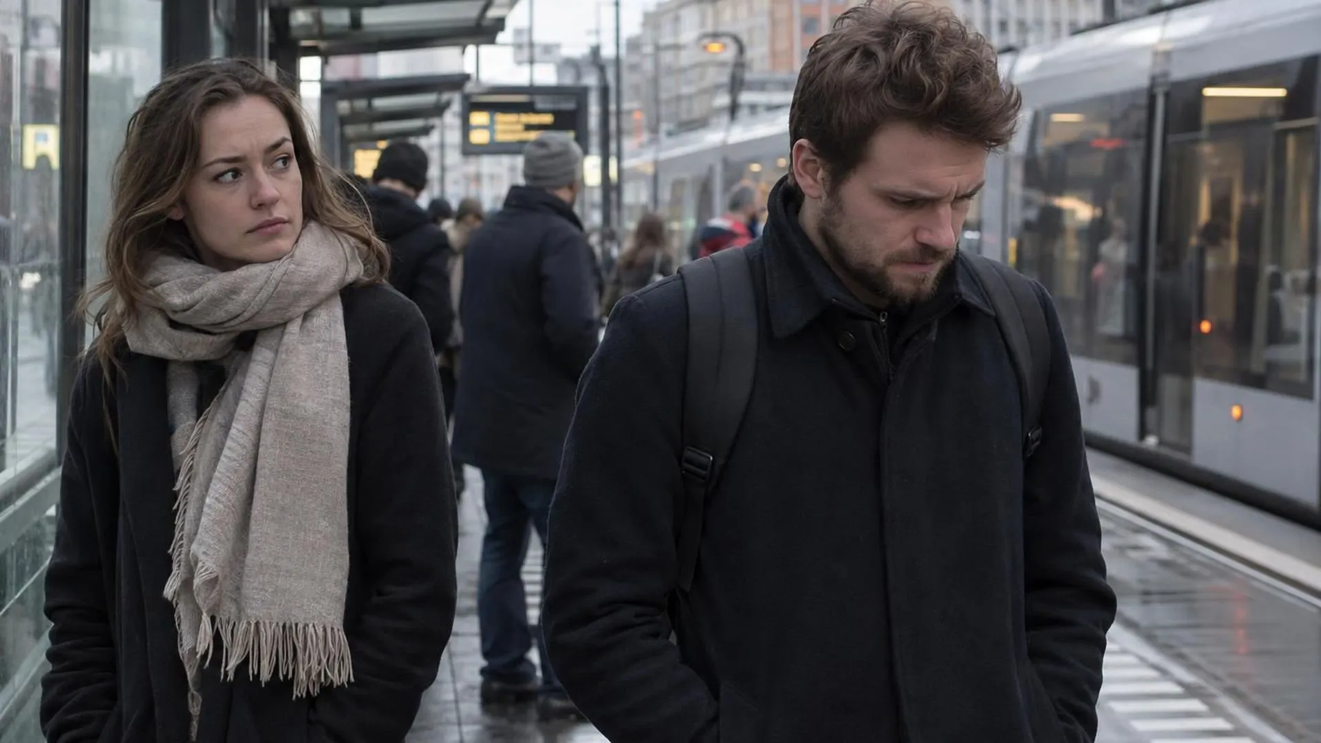 Twee forensen bij een druk tramhalte, waarbij de een de gespannen blik van de ander opmerkt