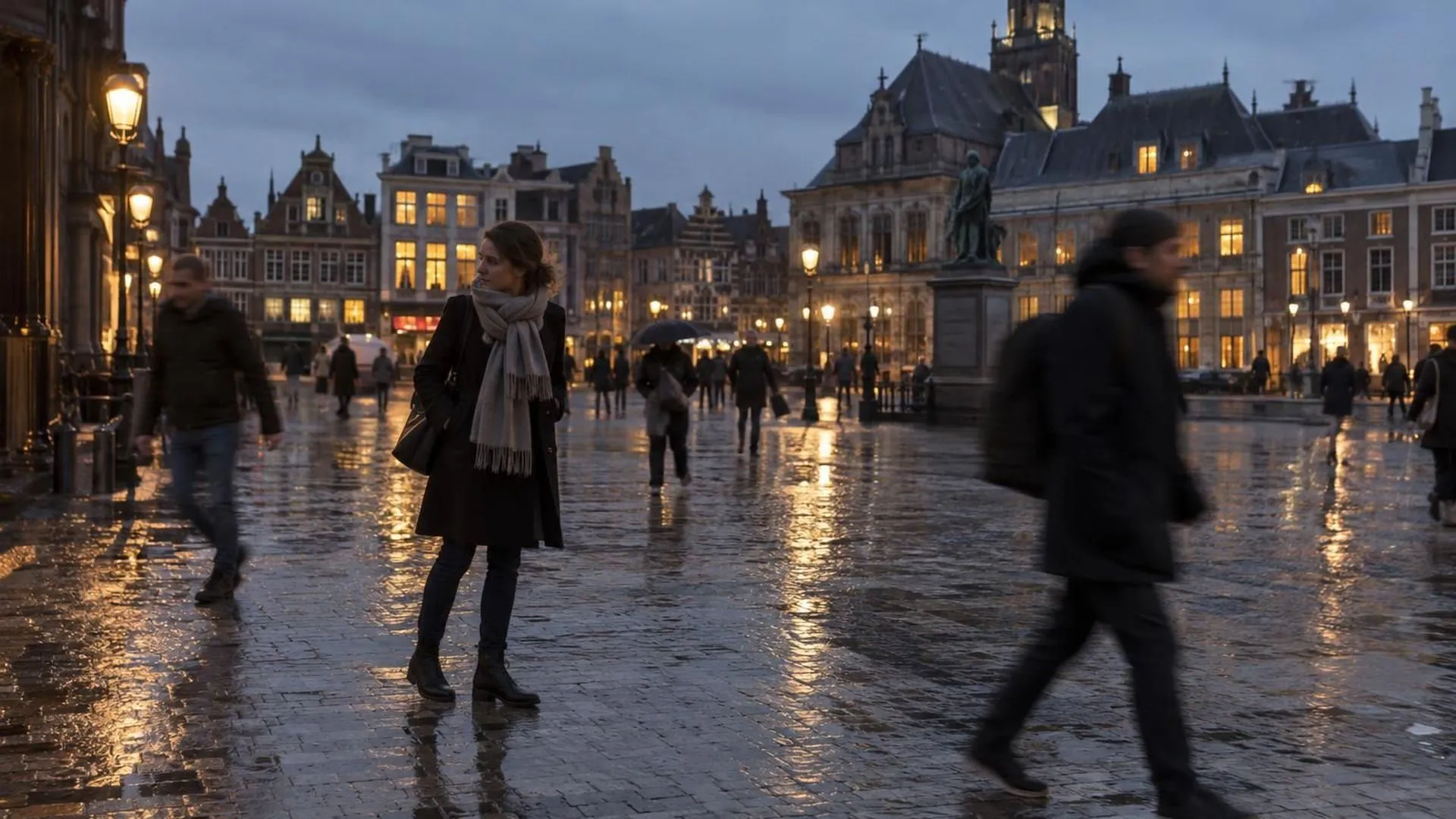 Een nat plein in de schemering, een figuur staat stil terwijl anderen wazig voorbijlopen
