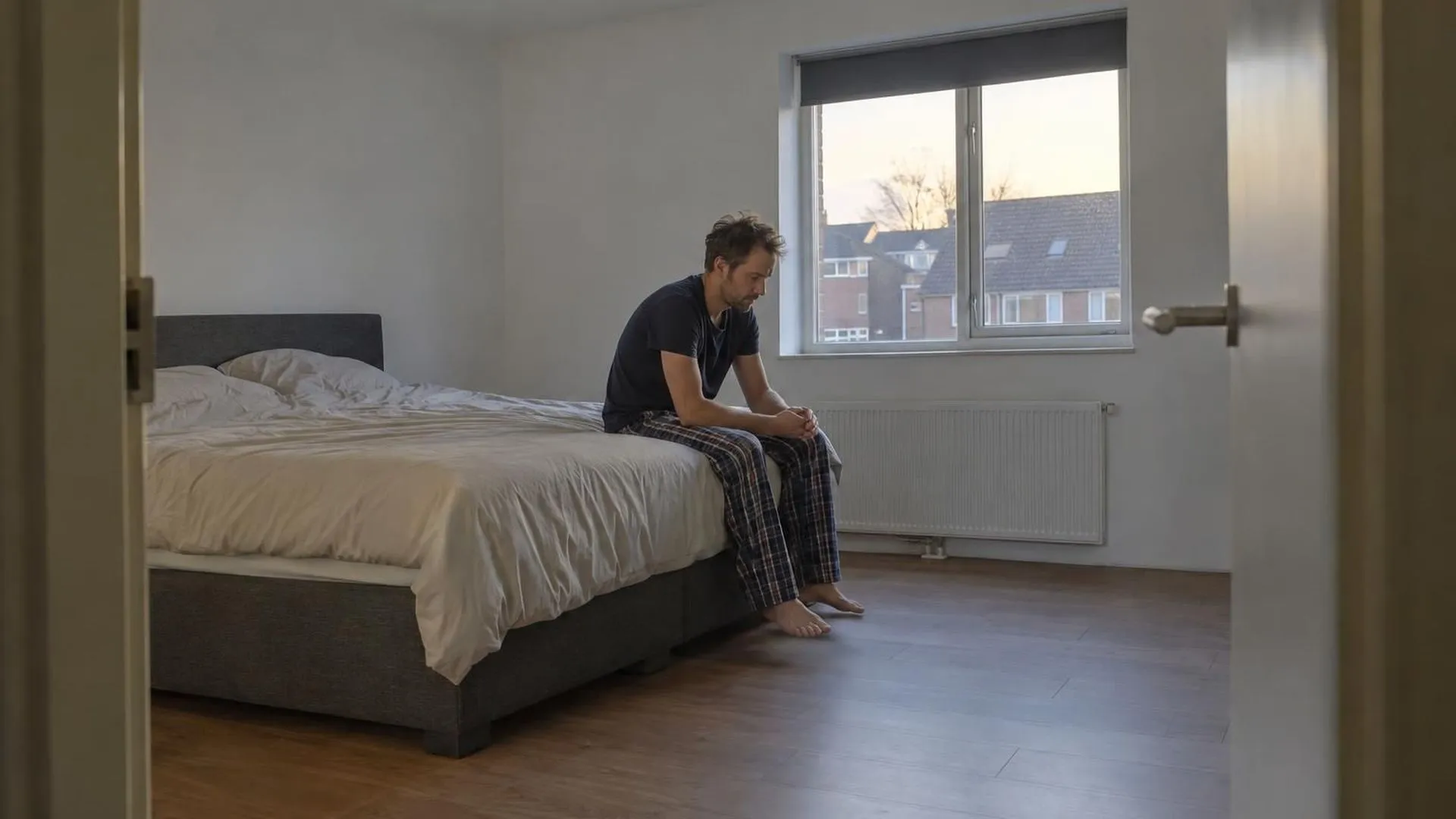 Iemand zit klein op de rand van een groot bed in een verder lege slaapkamer