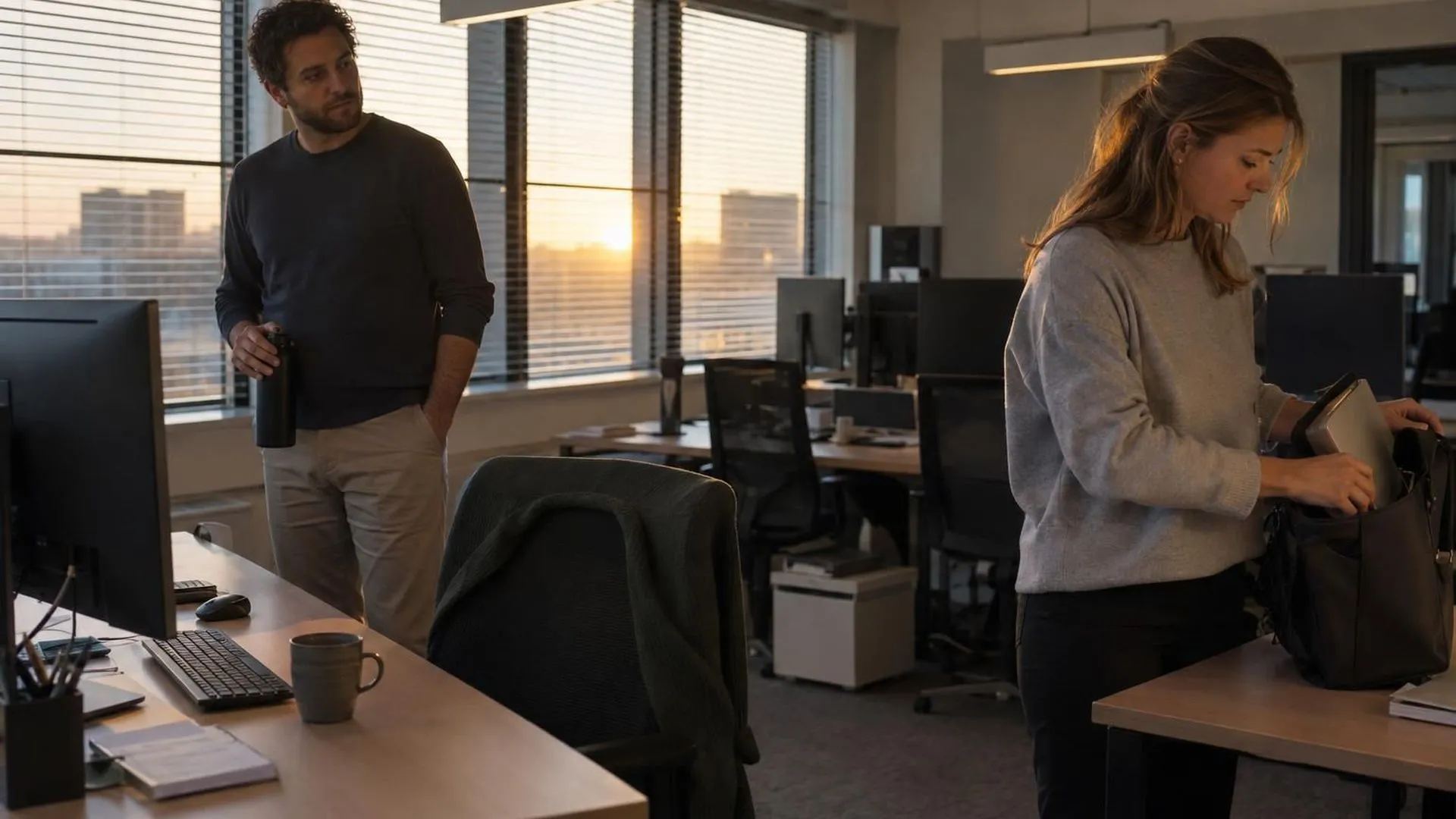 Op kantoor kijkt een collega naar iemand die zwijgend spullen inpakt, terwijl het laatste daglicht door de jaloezieën valt.