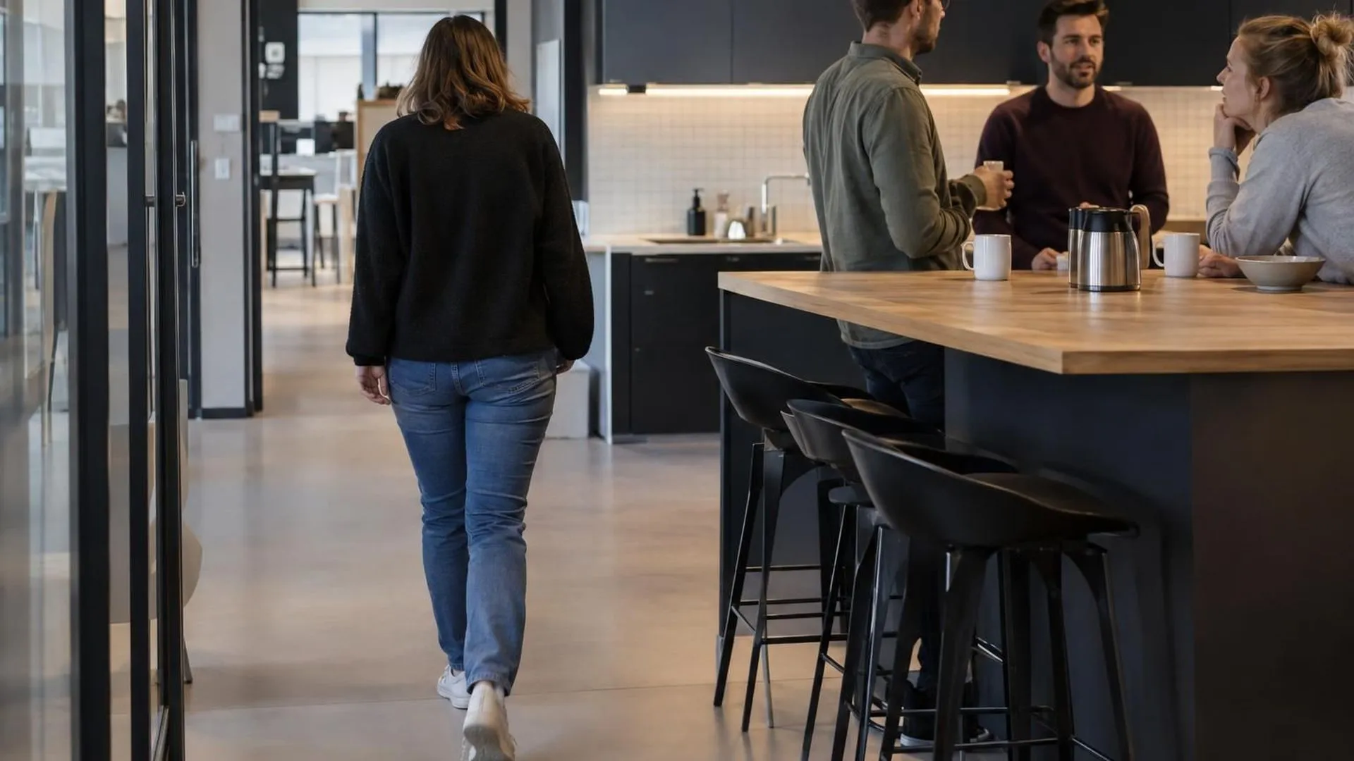 Iemand van achteren, wegstappend uit een gesprek op kantoor, met opgetrokken schouders