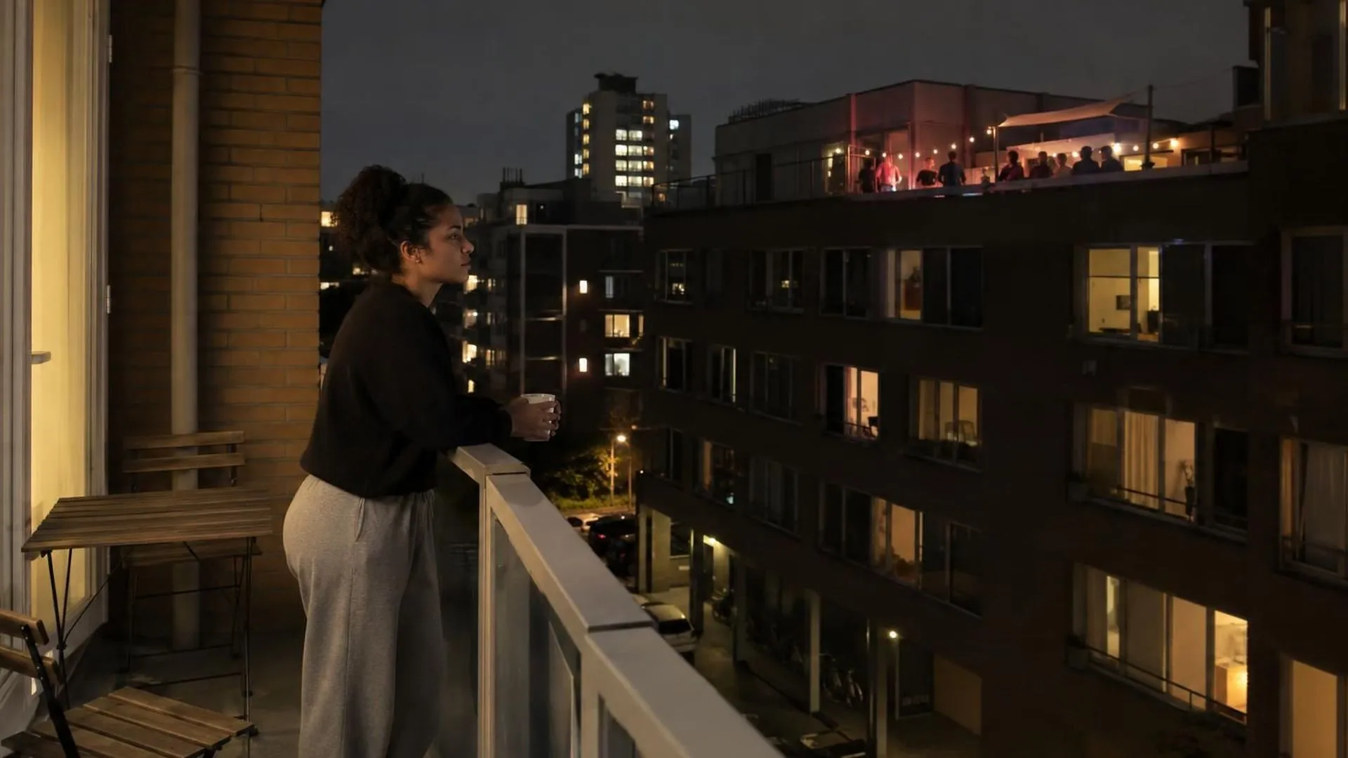 Iemand staat alleen op een balkon 's avonds, met op de achtergrond een verlicht feestje bij de buren.