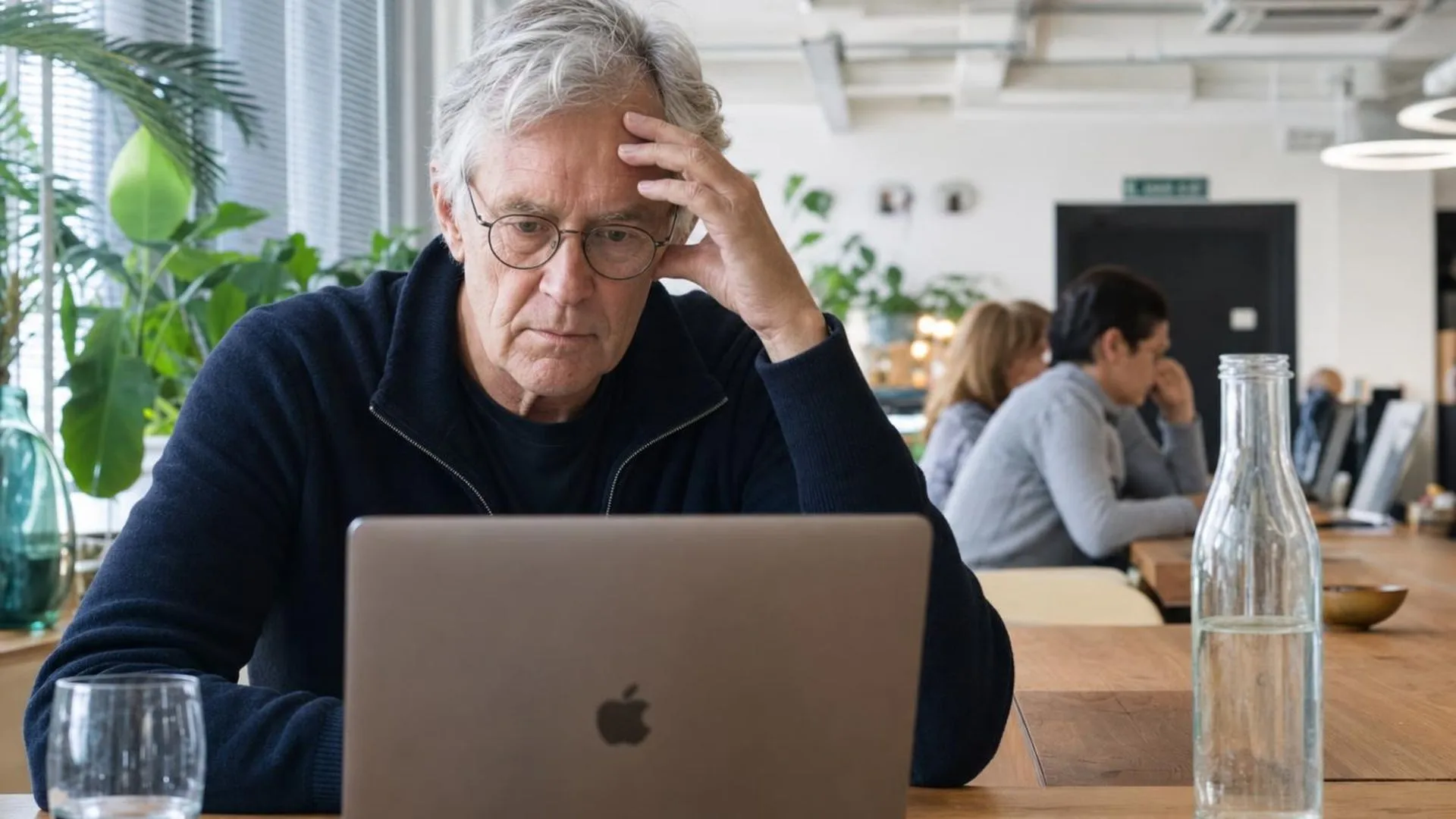 Persoon die gefrustreerd naar een laptopscherm kijkt op een drukke werkplek