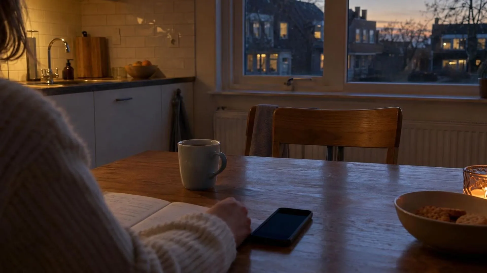 Een lege stoel aan de andere kant van de keukentafel, een volle kop koffie die koud is geworden
