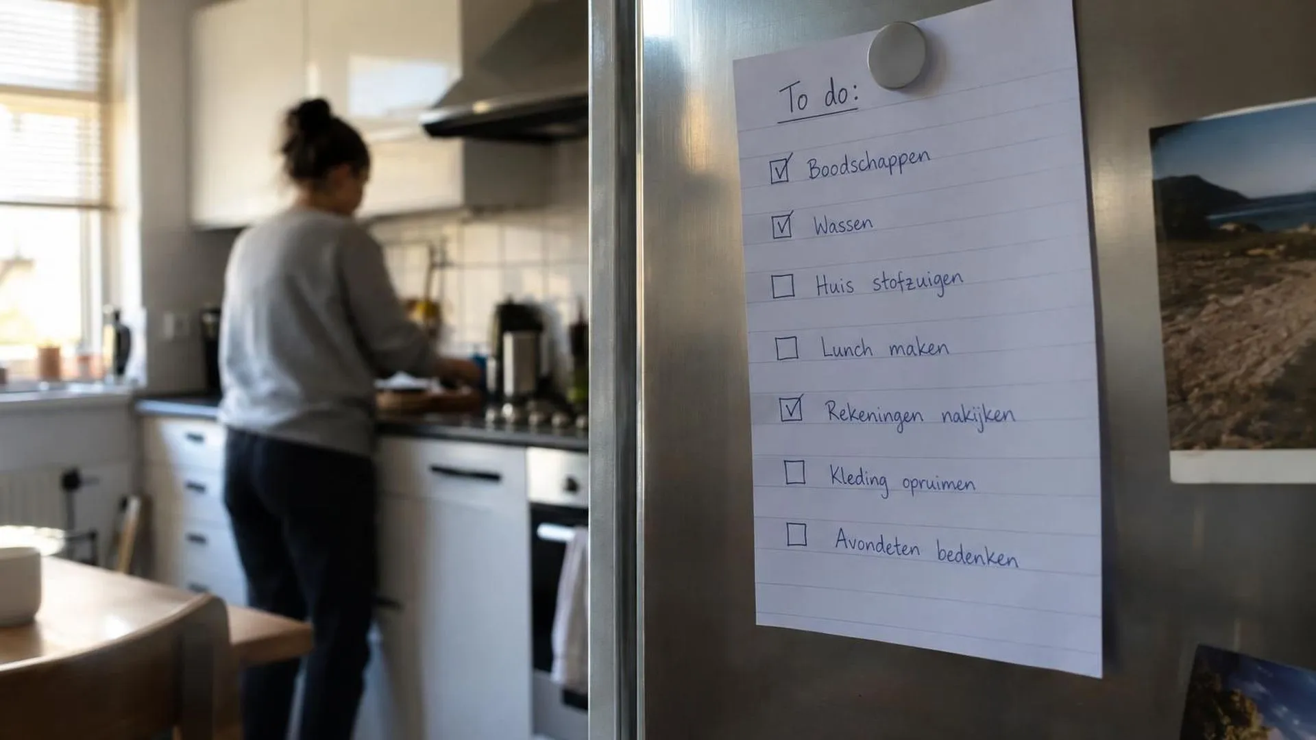 Een met de hand geschreven to-do-lijst hangt met een magneet op de koelkast, de helft van de vinkjes ontbreekt nog, op een zondagochtend.