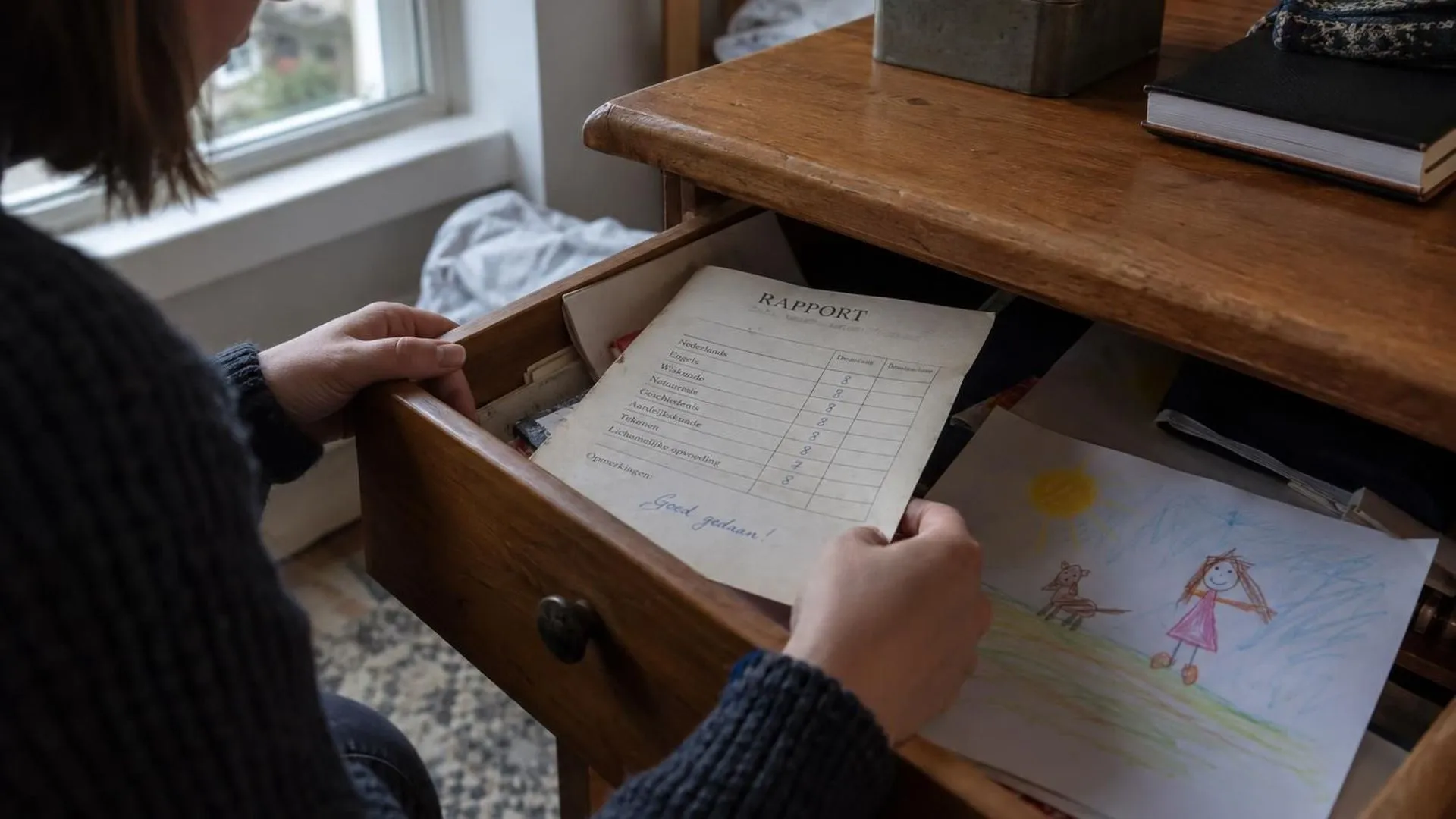 Een oud rapport en een kindertekening, weggestopt in een half open lade