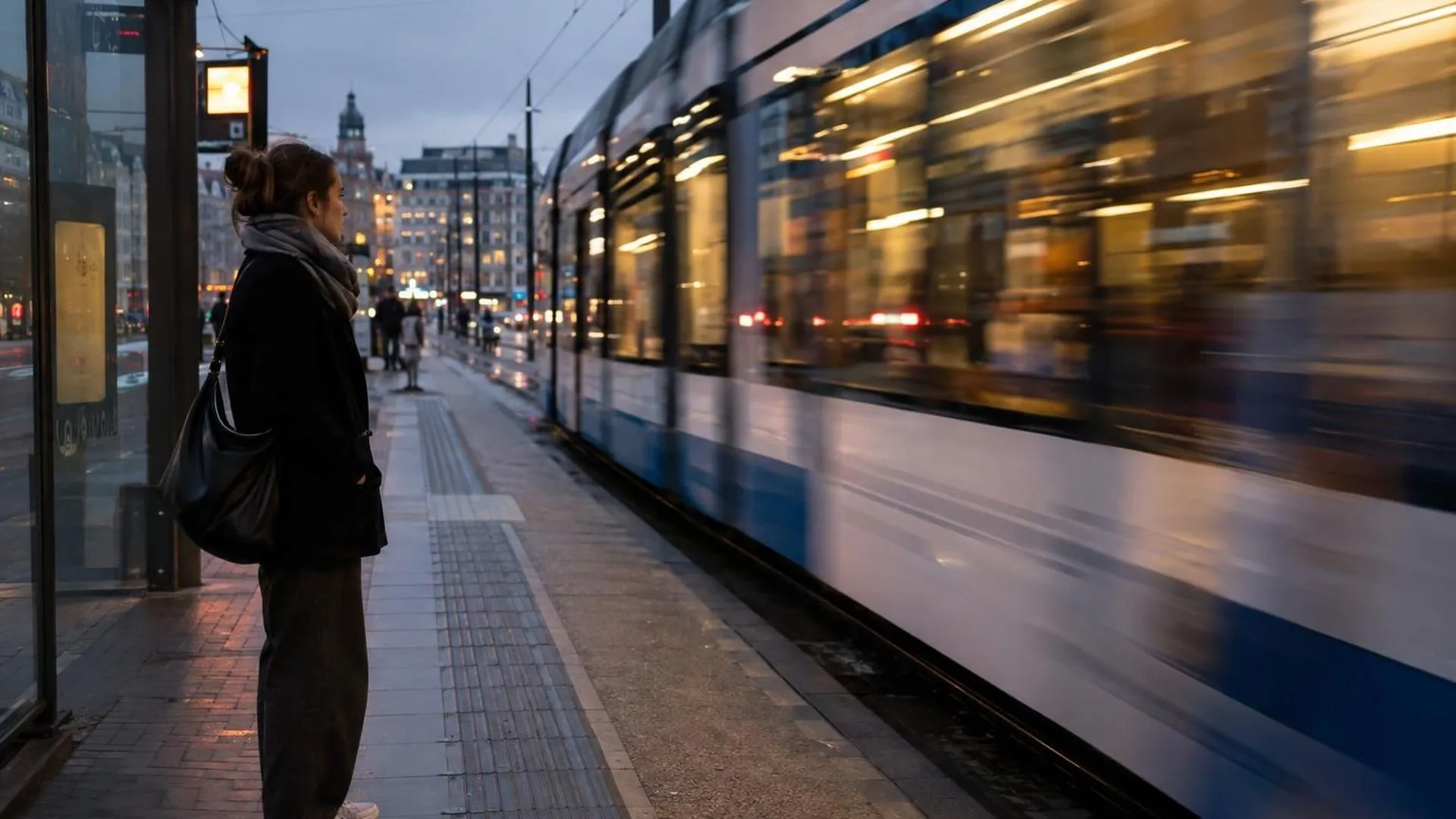 Een klein figuur staat stil bij een tramhalte terwijl de stad er wazig omheen beweegt in de schemering
