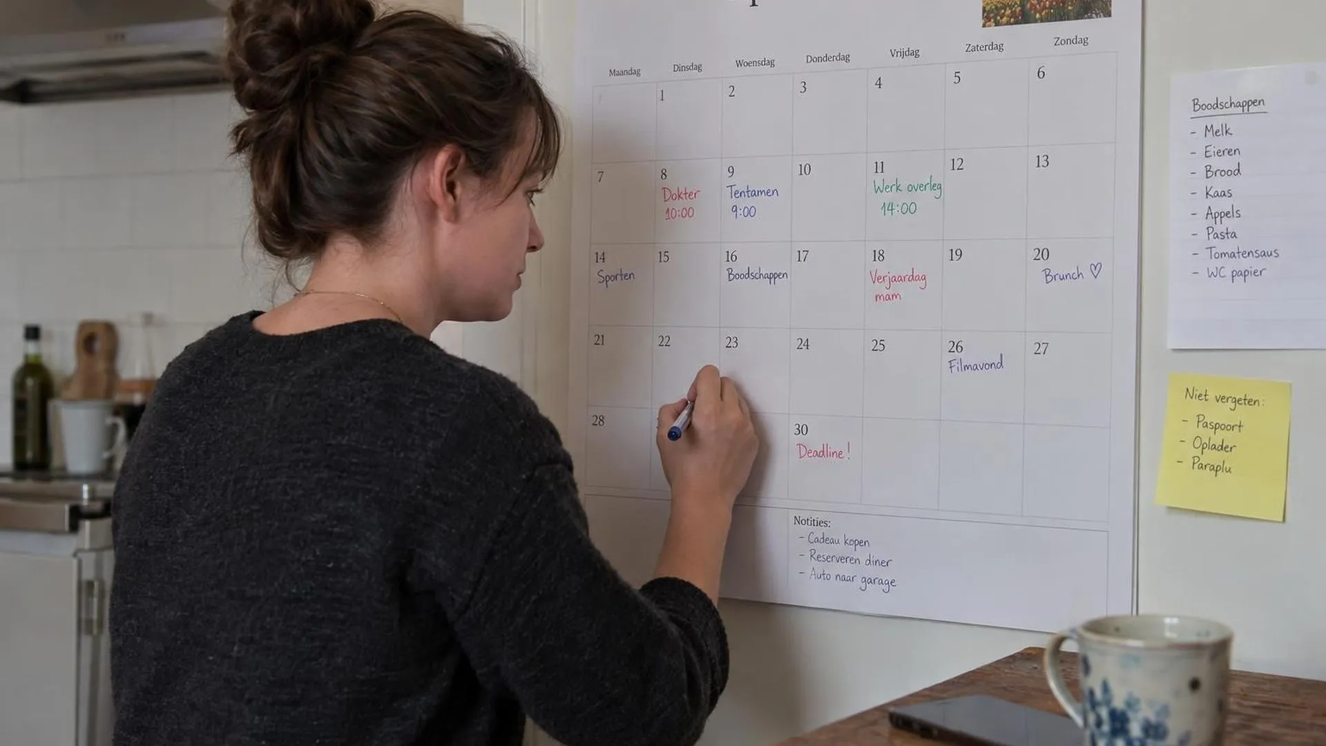 Een volle keukenkalender met afspraken in verschillende kleuren pen: een doktersbezoek, een examen en een werkafspraak in dezelfde week