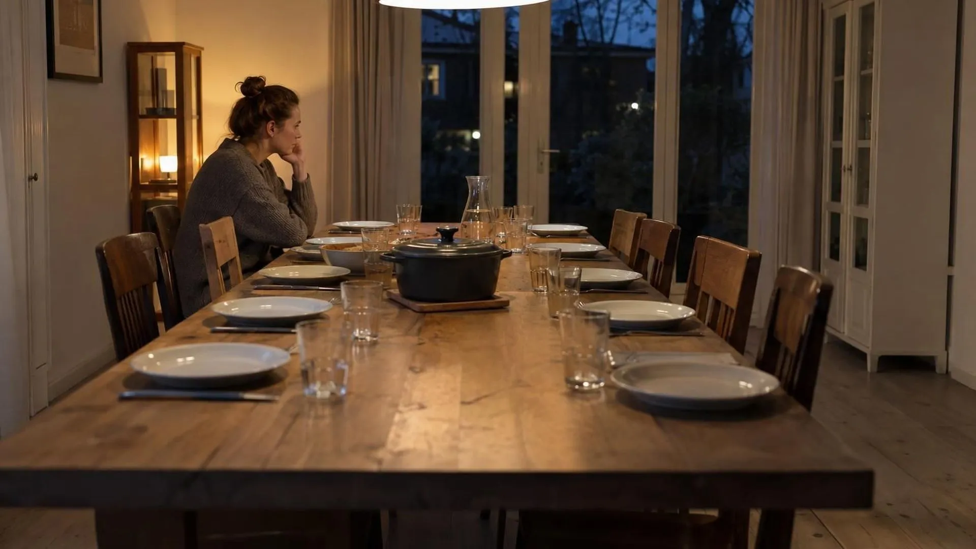 Iemand zit alleen aan het uiteinde van een lange, gedekte familietafel met lege stoelen