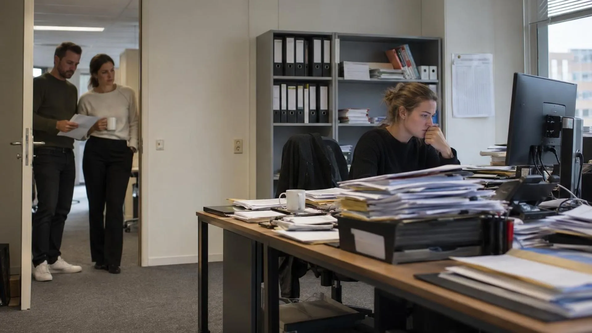 Wide shot van een overvol bureau van een leidinggevende, twee collega's wachten op afstand bij de deur.