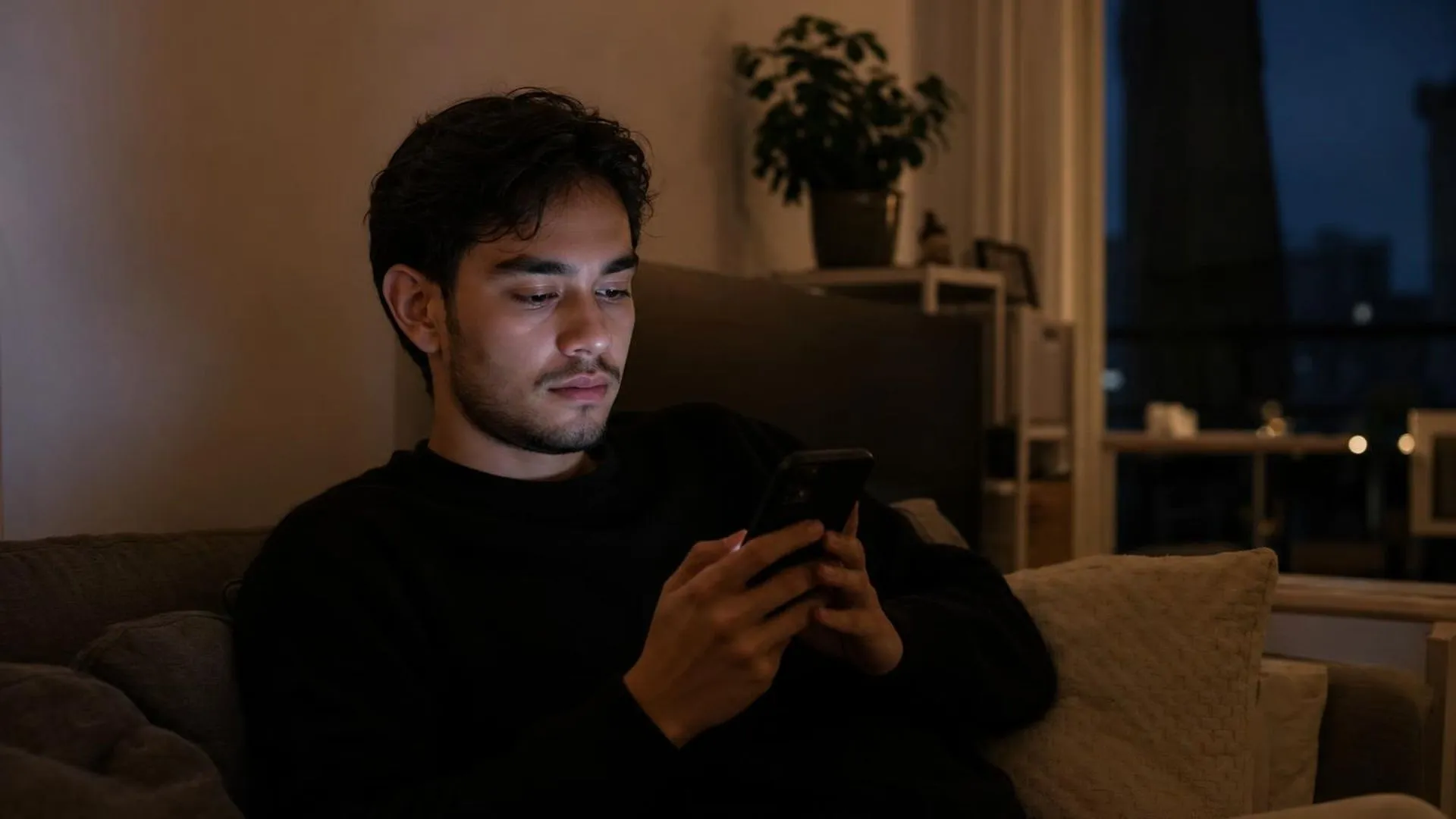 Persoon scrollt op telefoon op de bank in de avond