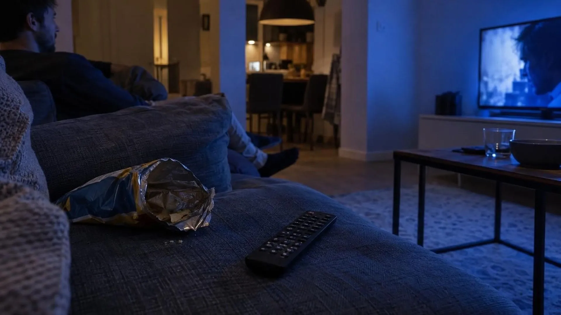 Een lege snoepverpakking en een afstandsbediening op de bank, verlicht door het blauwe schijnsel van de tv